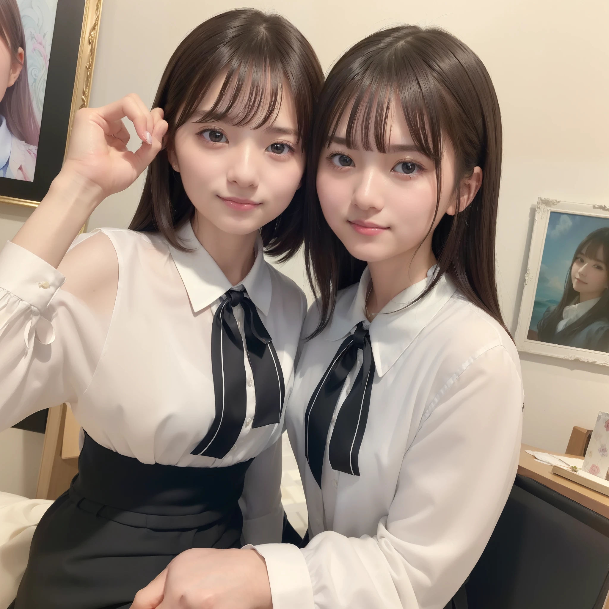 (8K、top-quality、masterpiece:1.2)、(realisitic、Photorealsitic:1.37)、ultra-detailliert、1womanl、 20yr old、独奏、((Beautiful ribbons))、(((A dark-haired)))、(a smile:1.15)、beautiful finely detailed eyes、(shirt with collar:1.1)、business clothes、(short-hair:1.2)、 (((Art Room)))、 picture frame