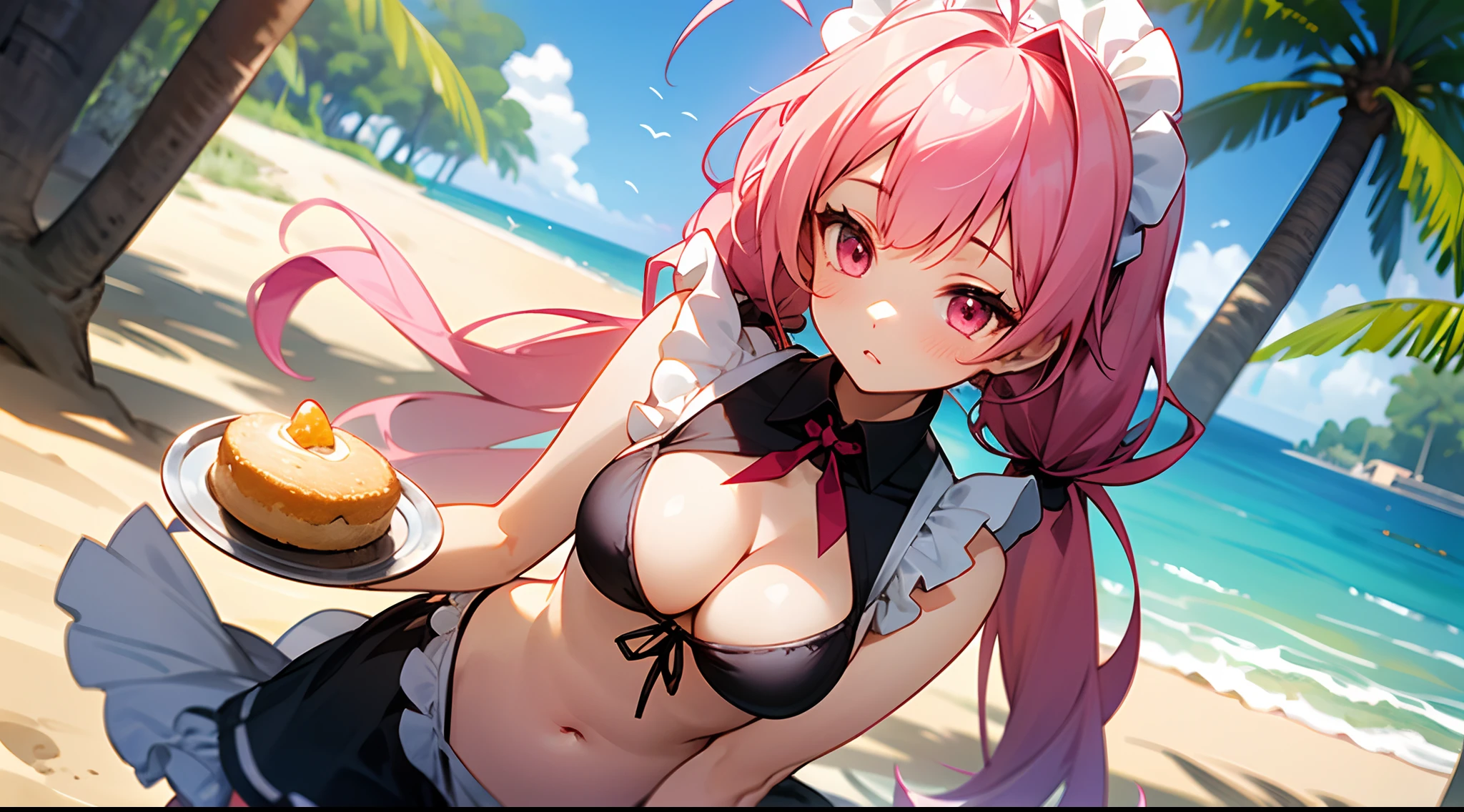 1 girl, game CG, sleeveless frilled black string bikini, cleavage visible, navel visible, maid's hair accessory, maid's small apron, gigantic breasts, pink hair, long hair, low twintails, princess hairstyle, ahoge, pink eyes, sea, sandy beach, tree, cafe, tray, surprise,