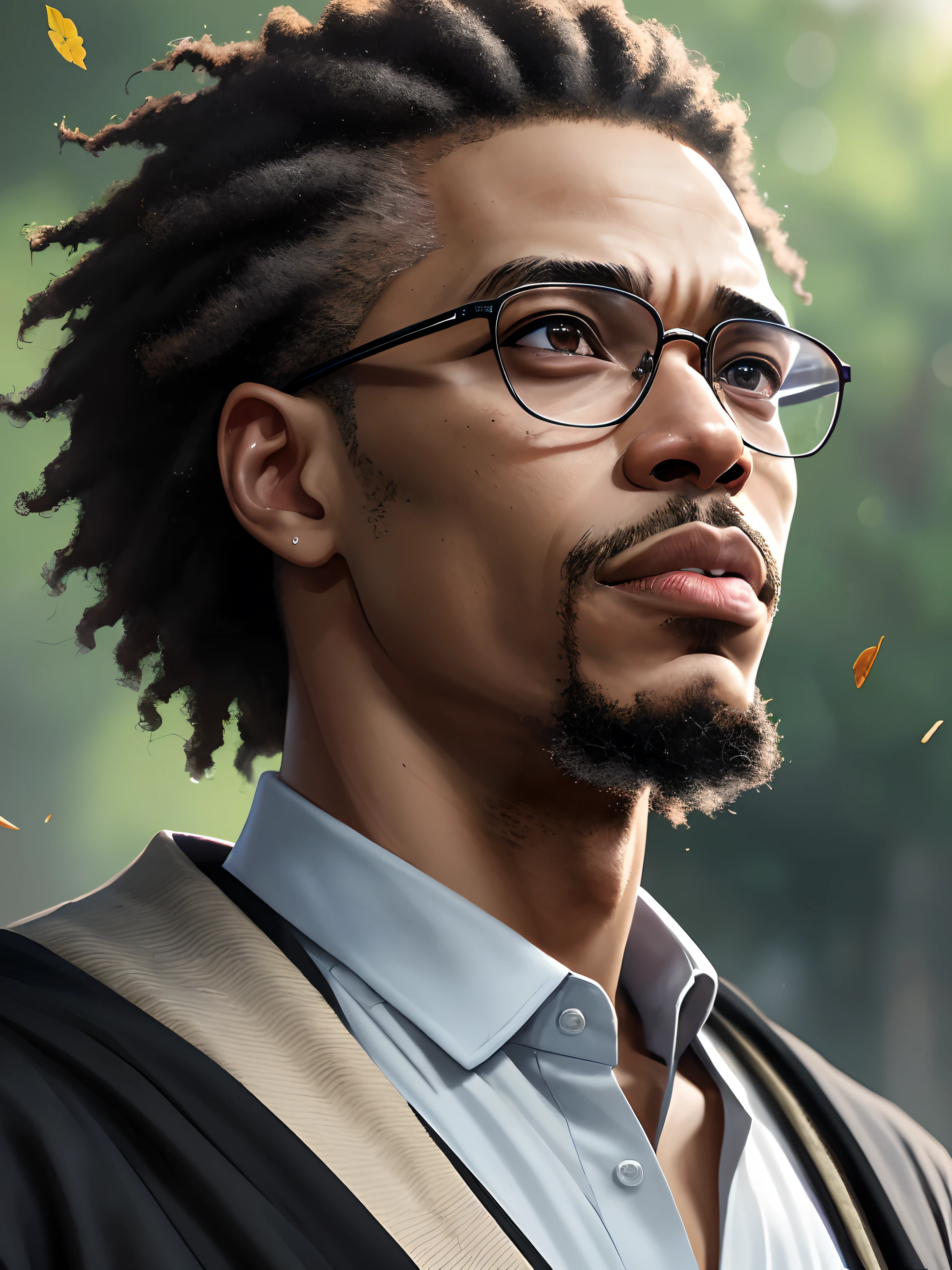 A highly detailed anime of malcom x full show frontal face and head portrait with natural flesh and very fine detail on the hair texture and powerful light brown eyes eyes under his famous glasses with a look that draws you in super detailed Malcolm X was an American Muslim minister and human rights activist who was a prominent figure during the civil rights movement. A spokesman for the Nation of Islam until 1964, he was a vocal advocate for Black empowerment and the promotion of Islam within the Black community illustration, medium shot, Afro Samurai, dynamic motion trails, no hands shows just front facing vintage, dreamy, drawing, trending on artstation, UHD, (((by Quentin de Warren))):1.8, atmosphere, luminosityMasterpiece, best quality, (very detailed CG unity 8k wallpaper) (best quality), (best illustration), (best shadows) Nature's delicate leaves petals of various colors falling in the air light Tracking, super detailed --v6
