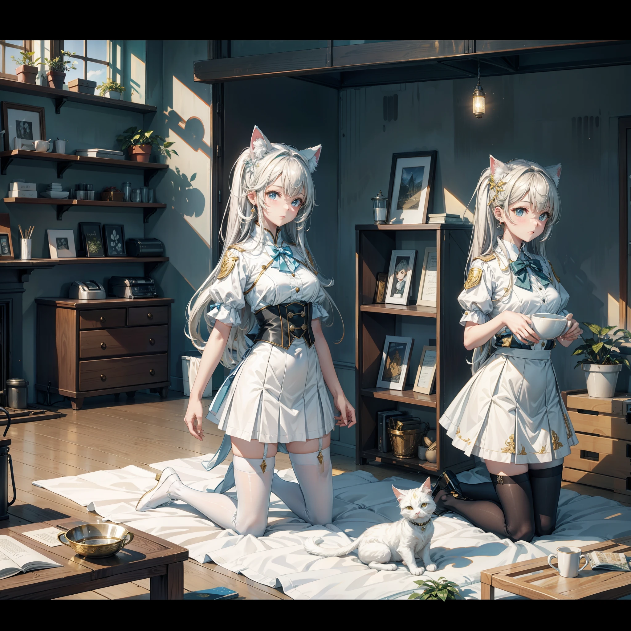 (8K,best qualtiy,tmasterpiece:1.2),(realisticlying,realisticlying:1.2),ultra - detailed,best qualtiy,超高分辨率,profesional lighting,photon maping,Radio City,physically-based renderingt,maidennurse,Wallpapers,Ray traching,(janelas:1.8),rays of sunshine:2.0,white skirt(There is a gold pattern on the skirt),(white stockings:1.2)((Kneeling pose))There are potted plants under the window,Factory with modern furniture,(White stockings have a transparent texture:1.5)(beast ear)floor to ceiling window,(With one little cat:2.0)((Beast Tail 1.8))