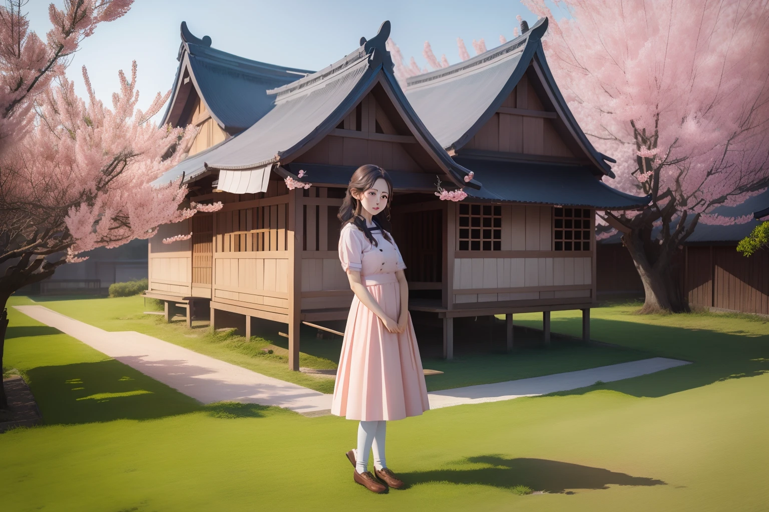 Cinematic lighting，In the background are patches of peach blossom trees, wood bridges，Small thatched hut，grassy fields，（pastel colour：1.2）