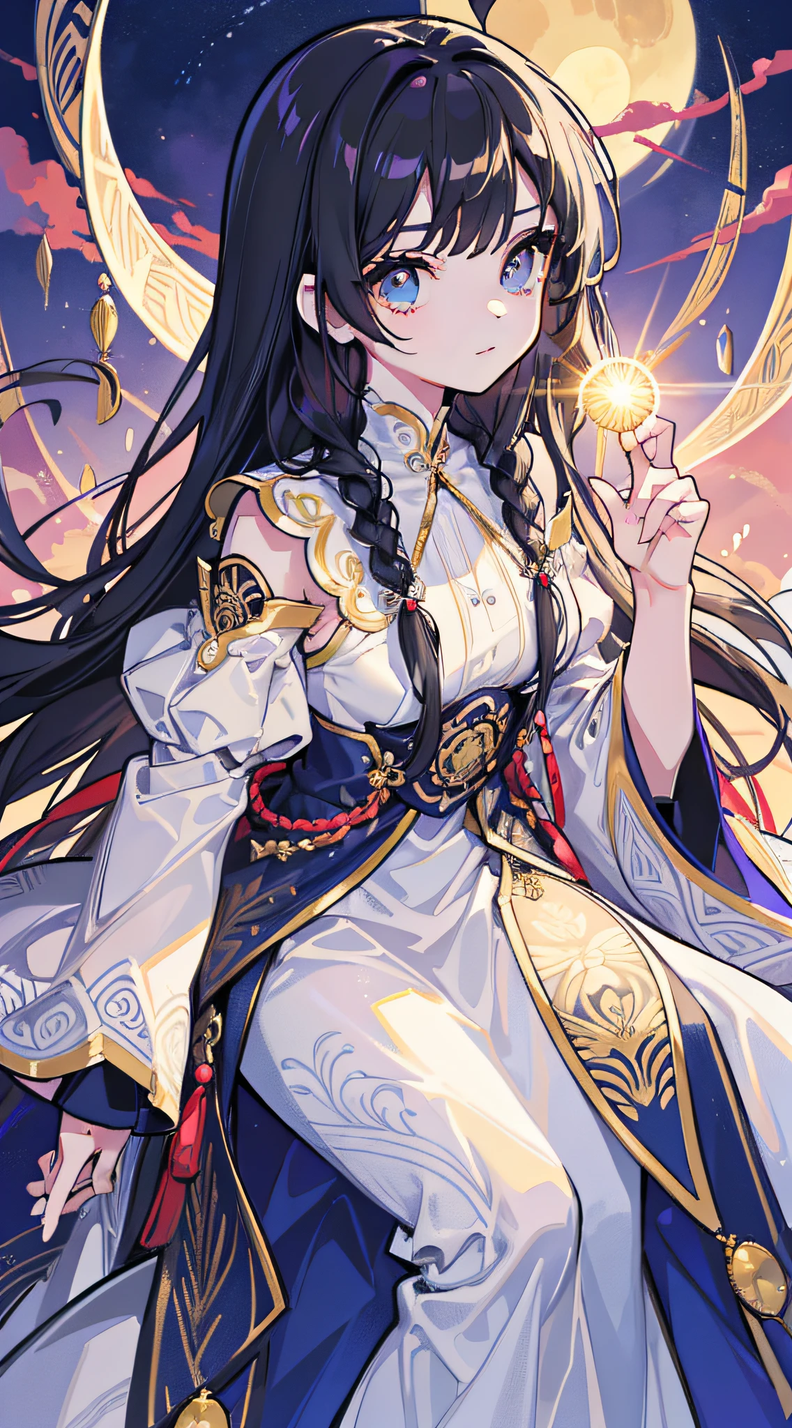 tmasterpiece,Highest image quality,super detailing,A high resolution,high saturated,Lighting effects，and the sun was shining brightly，Antique characters，Faraway view。 one-girl，Hairline，long braid,Black eyelashes，Look up，DOA ，Gorgeous white patterned long dress。full-body portraits