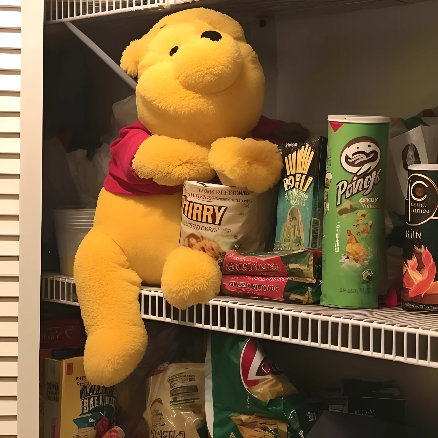 Winnie the Pooh sat on a shelf in the storage room, gigantic titan winnie the pooh,  As Winnie the Pooh, Epic Titan Winnie the Pooh, Winnie the Pooh, thicc, Chris Pratt（English：Chris Pratt） As a potato chip, french fries as arms, thicc build, cereal mascot, very calm and wholesome, r/awww, Highly opposed, as a pixar character