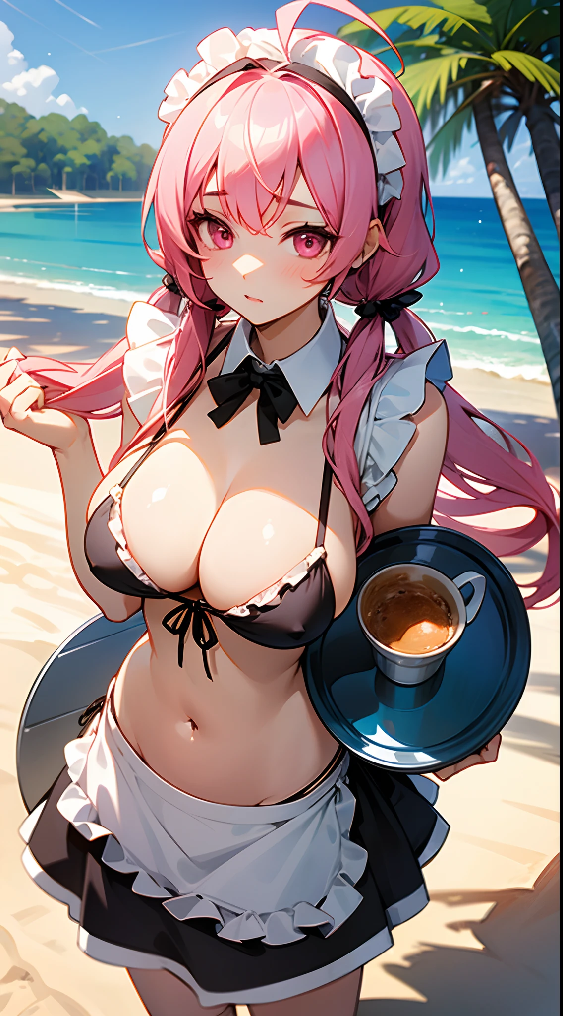 1 girl, game CG, sleeveless frilled black string bikini, cleavage visible, navel visible, maid's hair accessory, maid's small apron, gigantic breasts, pink hair, long hair, low twintails, princess hairstyle, ahoge, pink eyes, sea, sandy beach, tree, cafe, tray, surprise,