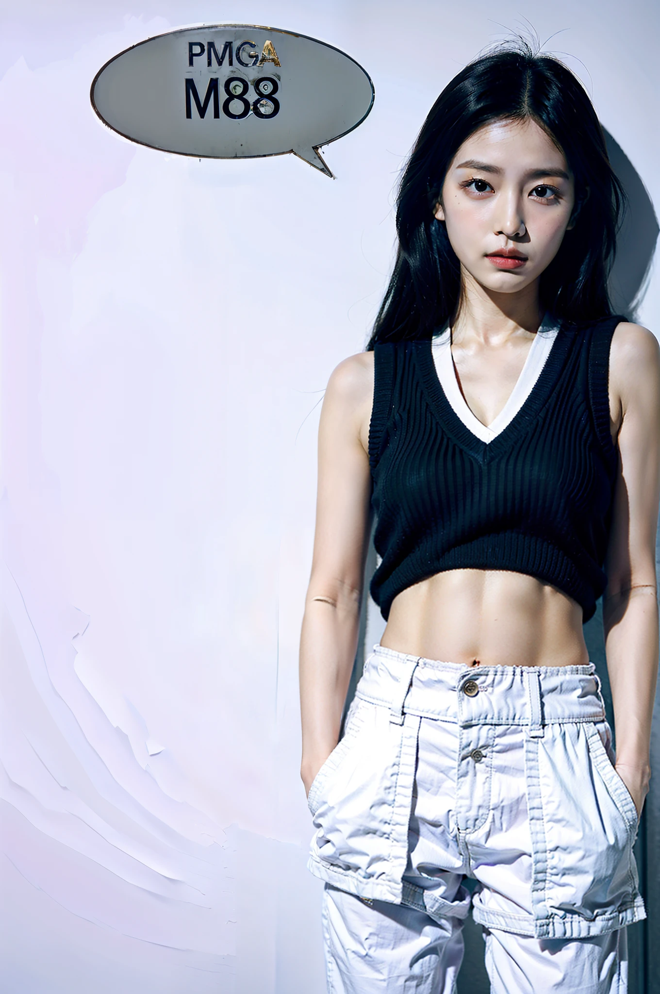((masutepiece, of the highest quality, High Definition)),Woman in off-white long vest and naby pants standing with hands in pockets, Wearing a tanned vest and baggy pants. In clothes、Modern included, Manish and minimalistic style、Distinctive features. The attire represents 2014, The image is enlarged、Crisp details are displayed.Manish makeup, ((Cool hair,Black hair color:1.2))(White background, with a pure white background,)