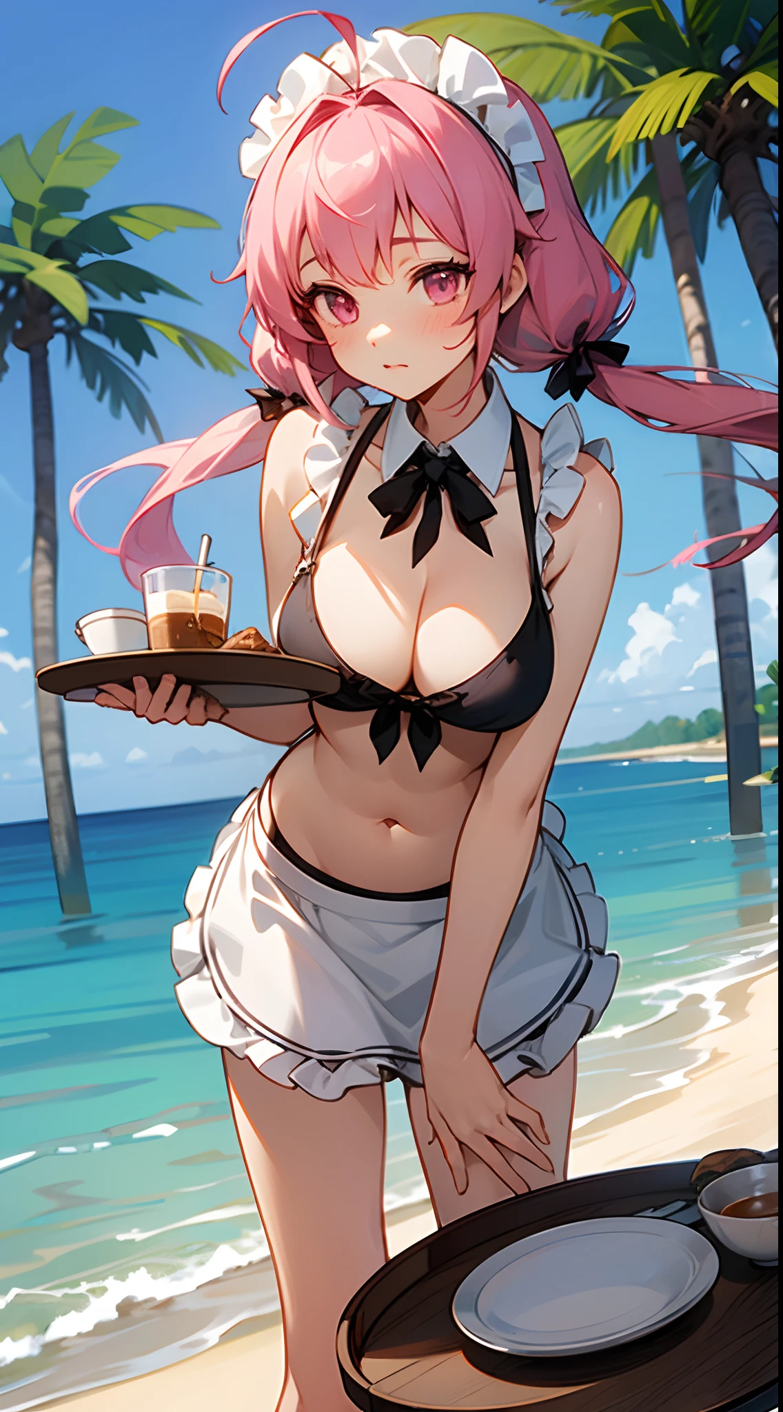 1 girl, game CG, sleeveless frilled black string bikini, cleavage visible, navel visible, maid's hair accessory, maid's small apron, gigantic breasts, pink hair, long hair, low twintails, princess hairstyle, ahoge, pink eyes, sea, sandy beach, tree, cafe, tray, surprise,