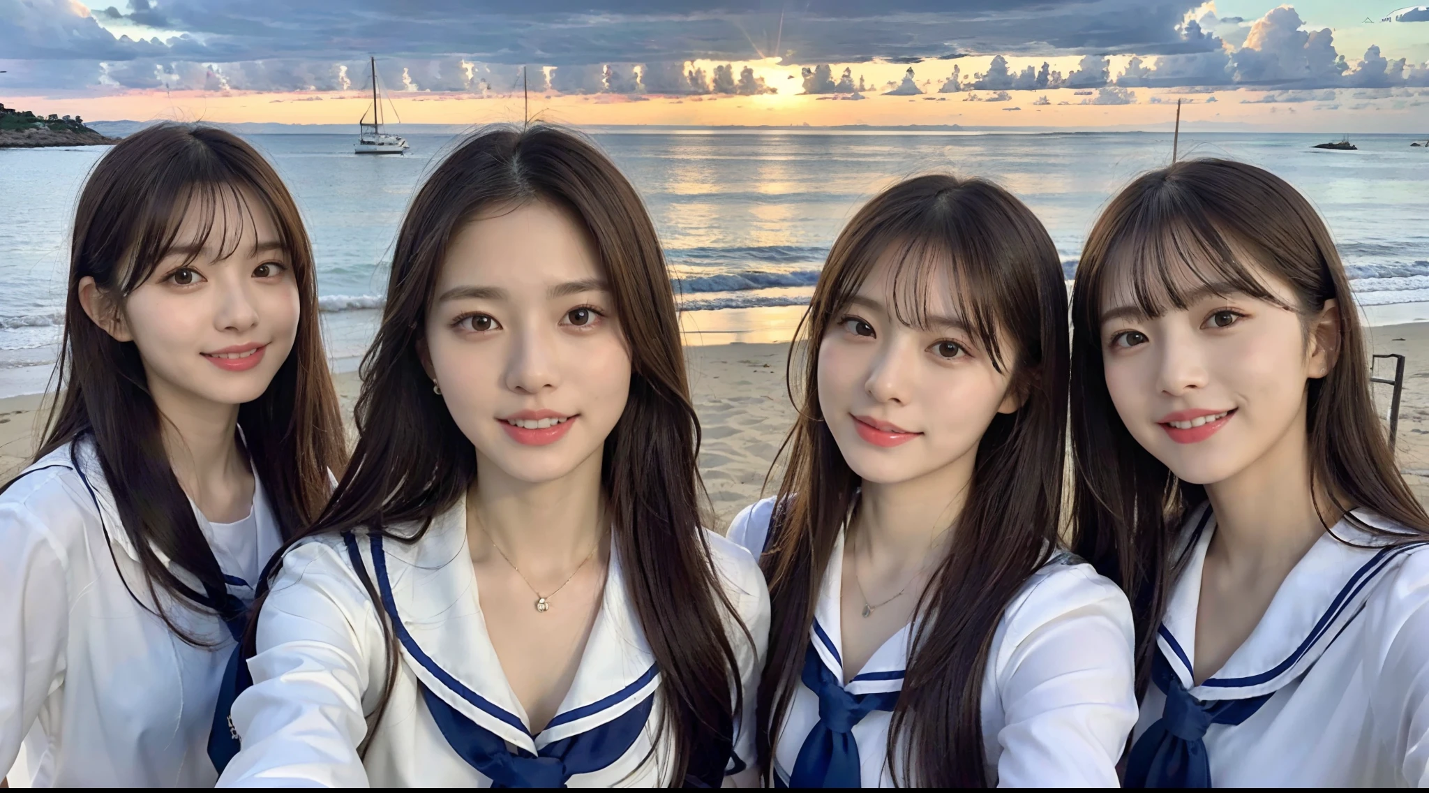 (8k, RAW photos, top quality, masterpiece: 1.2), super detail, super resolution, movie shot, (photorealistic: 1.4), frolicking by the water, full body shot, full body photo, high resolution raw color photo, professional photo, sun beach, emotional scenery, very detailed and beautiful, super high quality, 8k wallpaper, amazing details, huge file size, very detailed beautiful girlvery detailed face, very detailed eyes, very realistic skin, very detailed fingers, very detailed nose, very detailed mouth, perfect anatomy, very detailed background, very detailed clothes, teen, pretty girl, famous Japan idol, cute, realistic body, slender, white skin, glowing skin, slim body, long straight hair, (dull bangs:1.2), realistic face, delicate eyes, double eyelids, Sailor suit, red tie, pink eye shadow, high school girl Friend Smiling hair, after school Beautiful sunset Beach brown hair, high school girl youth Celebrity level cuteness Frolicking with multiple high school girls , Modern female proofreading with open arms