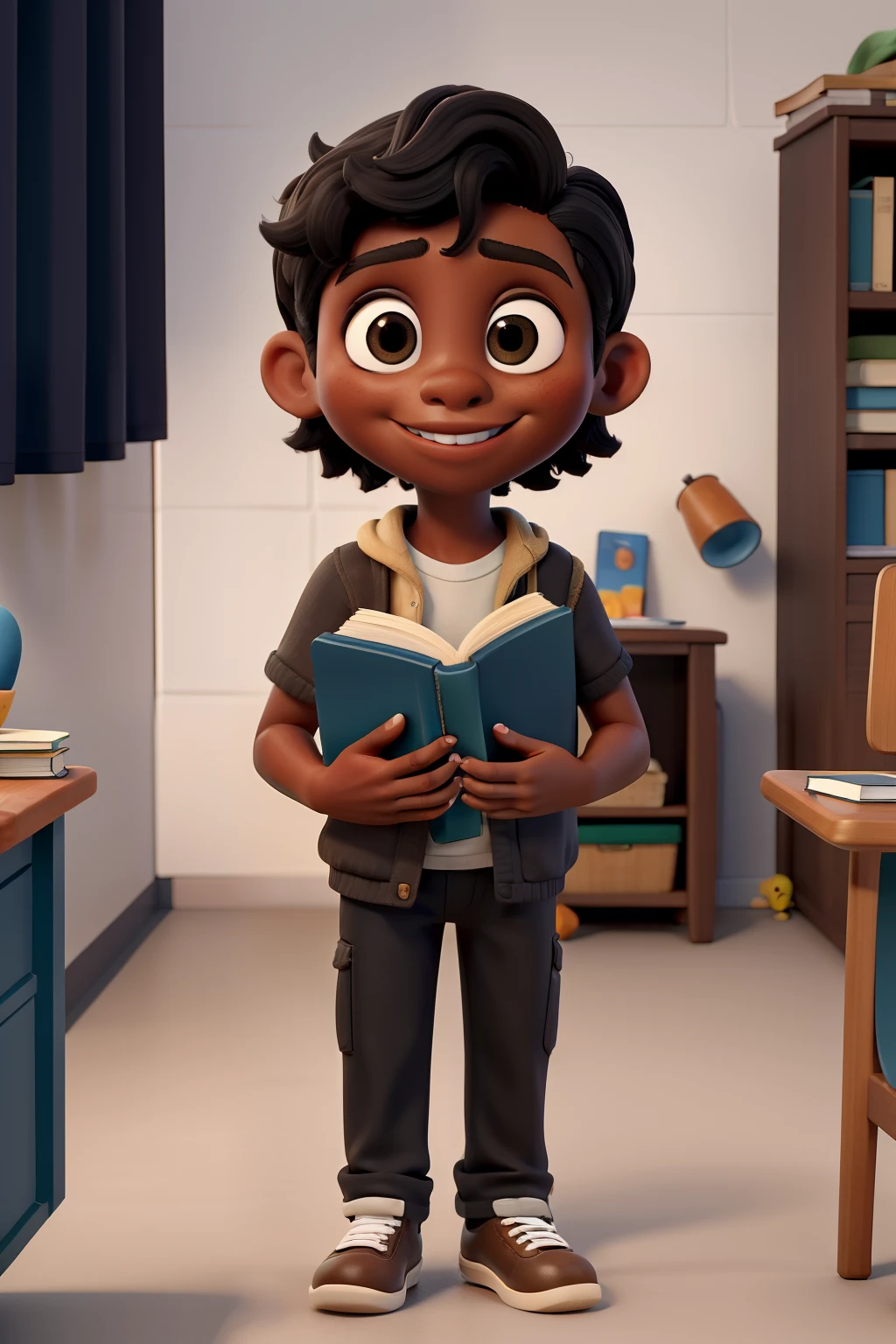 close-up de um menino negra:3 em...............3d, coffee-colored skin:2, with a book in your hands, Chibi Digita | | | | | ,obra-prima, de melhor qualidade, umo idoso, vestindo um casaco preto, cabelos cacheados, Standing in the park, segurando um livro e apontando para ele, indo para a escola, sorriso fofo
