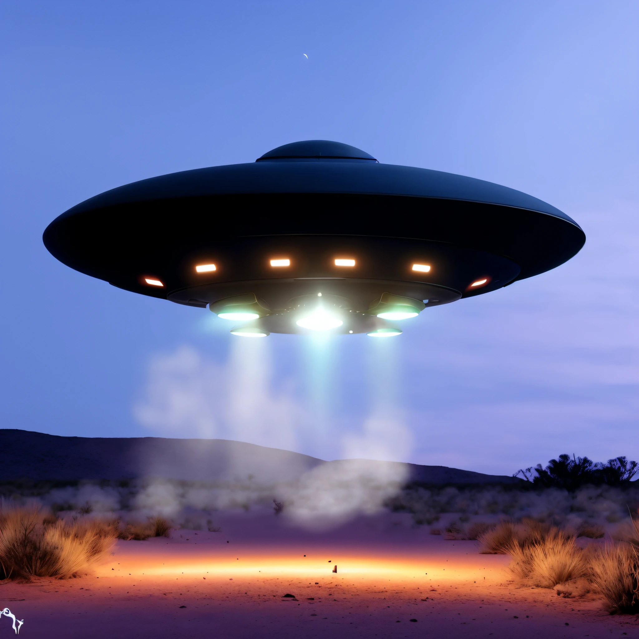 Disco voador arafed no meio de um deserto com luzes acesas, alien mothership in the sky, Pouso de OVNIs, alien spaceship, ufo lighting, alien spaceship in the sky, of a UFO propulsion system, alien mothership, Rapto de OVNIs, ufo aliens, disco voador, ufo in the sky, OVNI, flying saucer in the sky, Ovnis, imagem realista, super detalhada, 8k