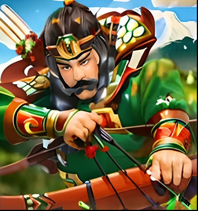 Man with a mustache with three bows、Mountain scenery