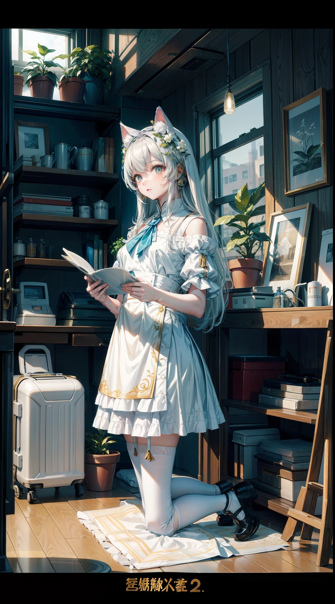 (8K,best qualtiy,tmasterpiece:1.2),(realisticlying,realisticlying:1.2),(ultra - detailed,best qualtiy,超高分辨率,profesional lighting,photon maping,Radio City,physically-based renderingt,maidennurse,Wallpapers,Ray traching),(janelas:1.8),(rays of sunshine:2.0),(There is a gold pattern on the skirt),(white stockings:1.2)((Kneeling pose))There are potted plants under the window,Factory with modern furniture,(White stockings have texture 1 on them.5),(Bring your legs together),beast ear,white skirt,(((With one little cat,There was a big bed,The person kneels on the bed:2.8)))