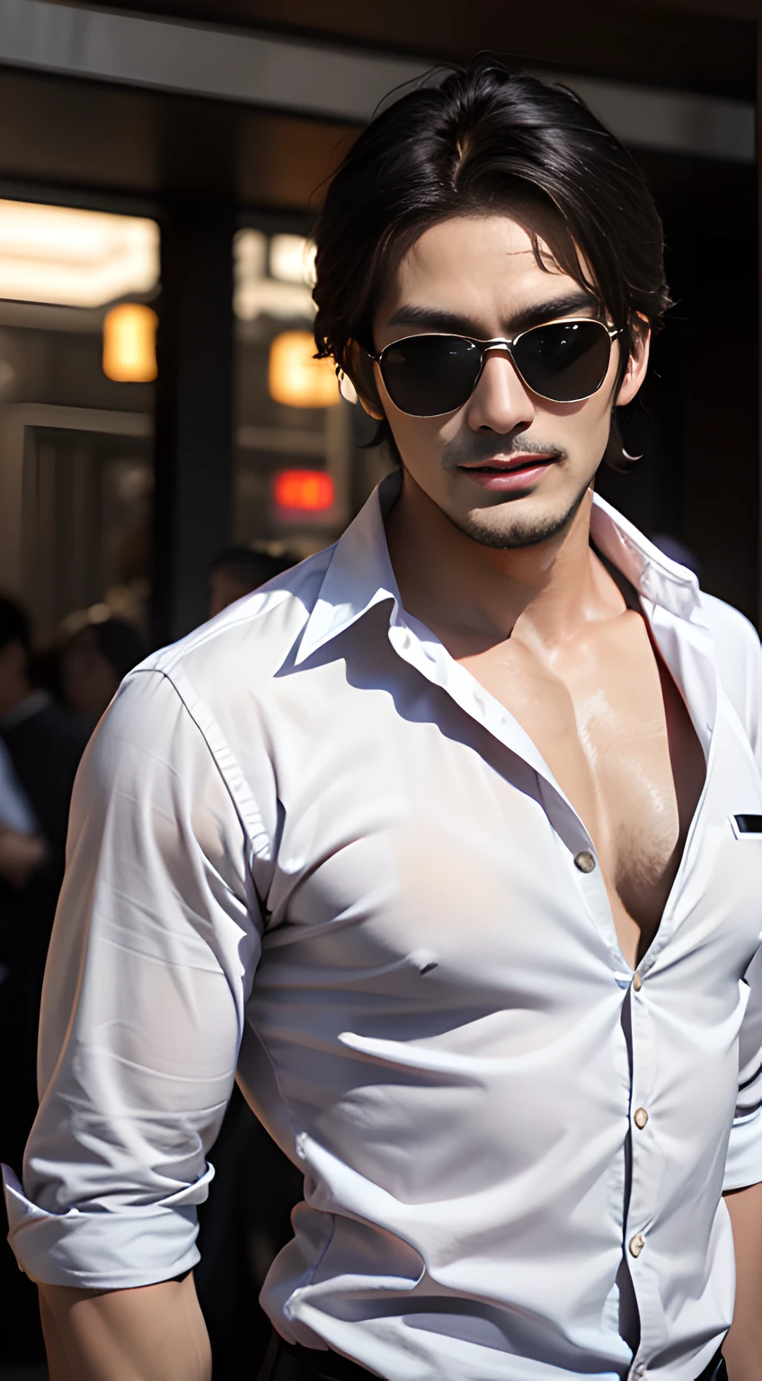 ((Men only)), (head shot), (only face), (Tanned handsome muscular man in his 20s), (wearing black sunglasses), (wearing dress shirt), (Takeshi Kaneshiro), (Show me his abs), (Mischievous smile), (detaile: 1 in 1), Natural muscles, HIG quality, beautidful eyes, (Detailed face and eyes), (Face、: 1 / 2), Noise, Real Photographics、... .................................................................................................................PSD, Sharp Focus, High resolution 8K, realisitic & Professional Photography, 8K UHD, Soft lighting, High quality, Film grain, FujifilmXT3