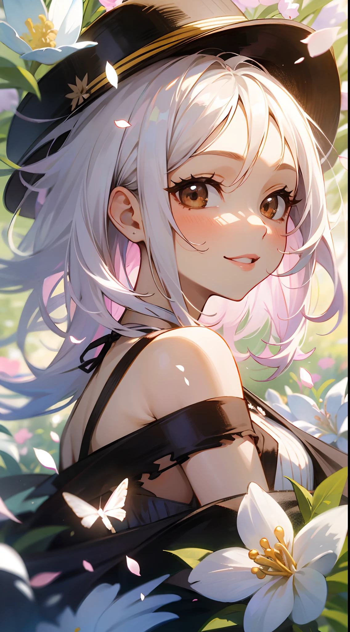 1 girl in、​masterpiece、best qualtiy、Gentle smile、Brown eyes、White hair、Onepiece、Petals flutter、delicate