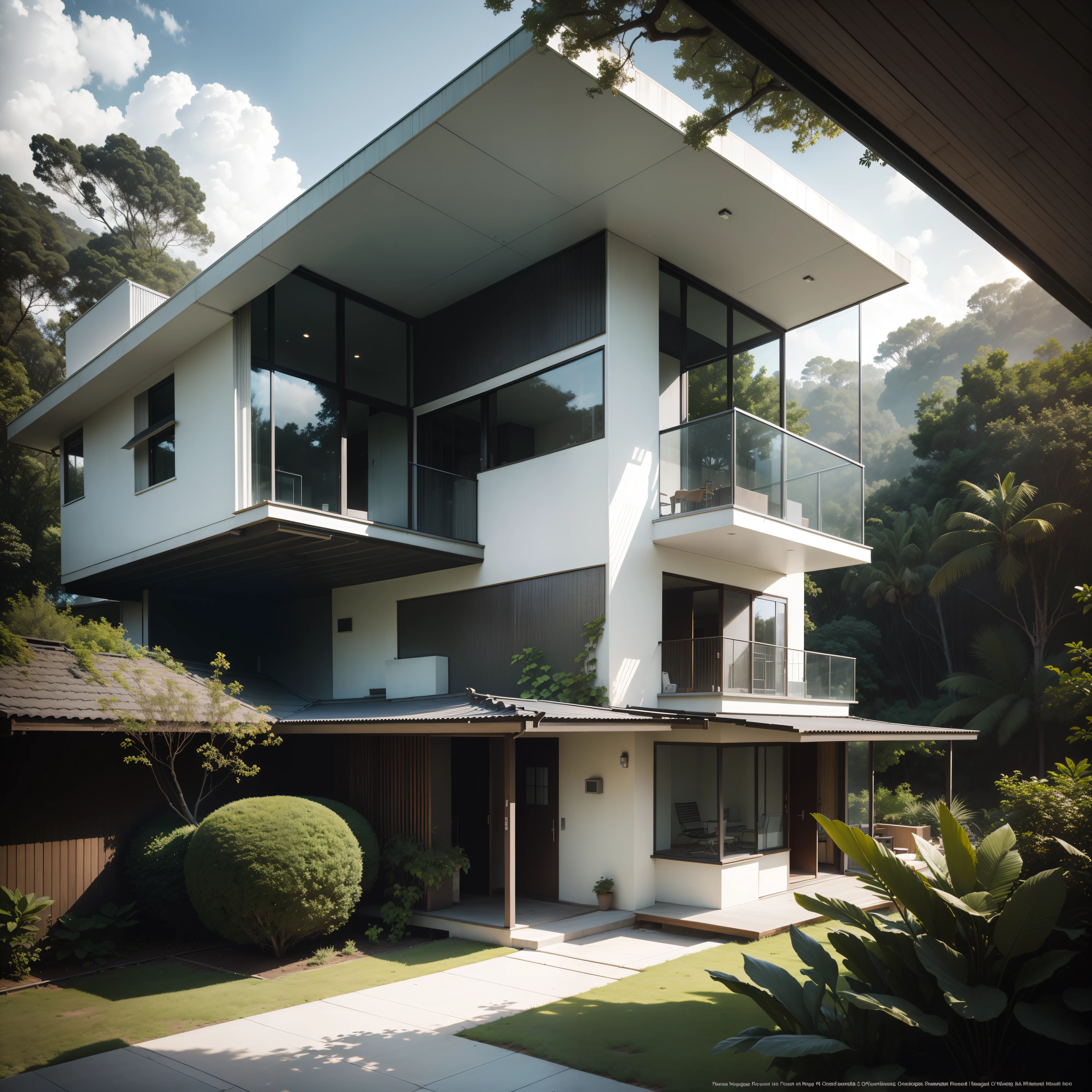 Hyper realistic eye level exterior photo of a futuristic style house overlooking the jungle, daylight, indirect lighting, AD magazine, Frank Lloyd, Eames, Mies van der Rohe