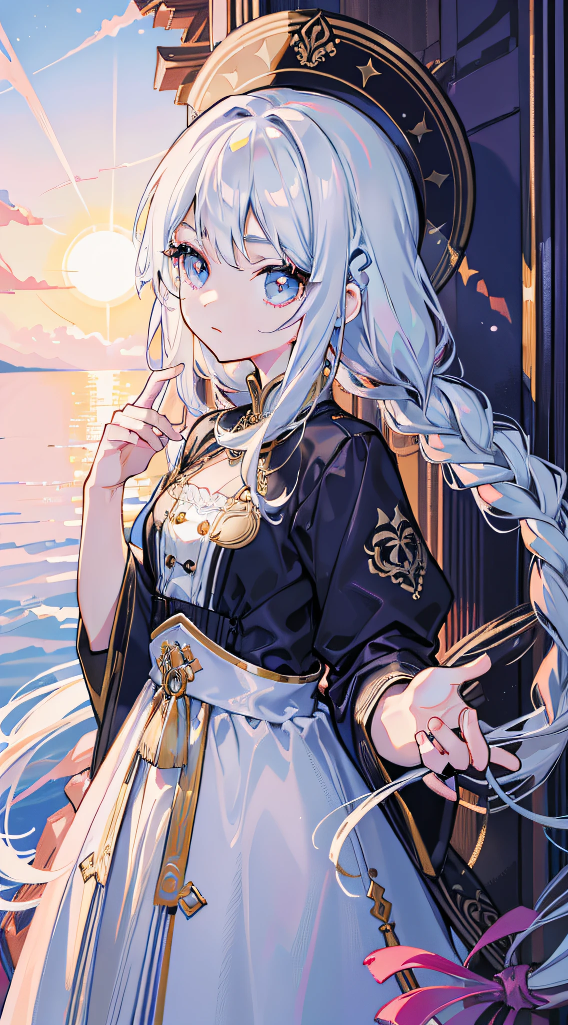 tmasterpiece,Highest image quality,super detailing,A high resolution,high saturated,Lighting effects,and the sun was shining brightly,Antique characters,Faraway view。 one-girl,Hairline,long braid,Black eyelashes,Look up,DOA ,Gorgeous white patterned long dress。full-body portraits