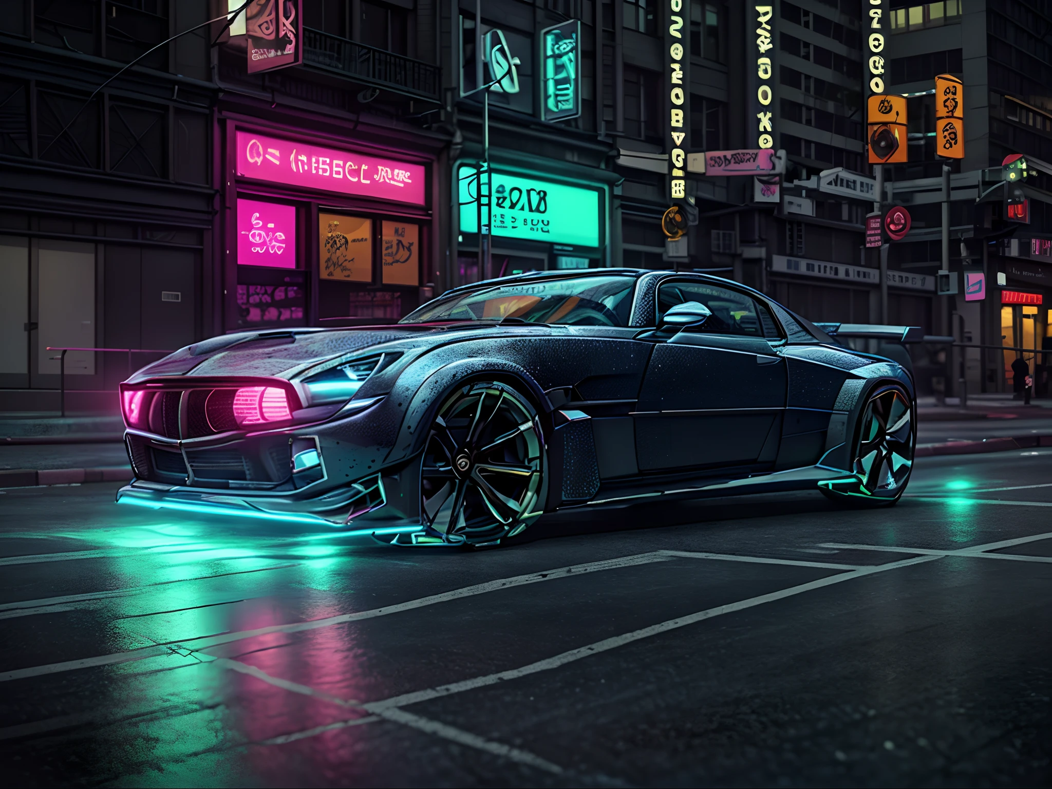 Professional photo of a futuristic muscle car with several modifications， Big wheels， Yellow painting， park， Cybernetic hood， Network car parts， （Exotic headlights）， Mad-Max， V8 engine， blower，A futuristic， Automotive modules， spoiler， scientific fiction， science fiction scene， the night， natural soft light， cyber punk perssonage， Cidade futuristica， Cyberpunk-city， neon lights sign， （highly  detailed）， （highly detailed back ground）， Multiple buildings in the background， detailed textures，wide angles，8k，HDR，Professional photo shooting，high-quality photo，photograph of-realistic，realistic shaded，detailed shadow，Realistic proportions，Shot with Sony a9 II mirrorless camera，filmgrain，RAW photogr，physically-based renderingt，vivd colour，Award-winning images，（Colored particles）。