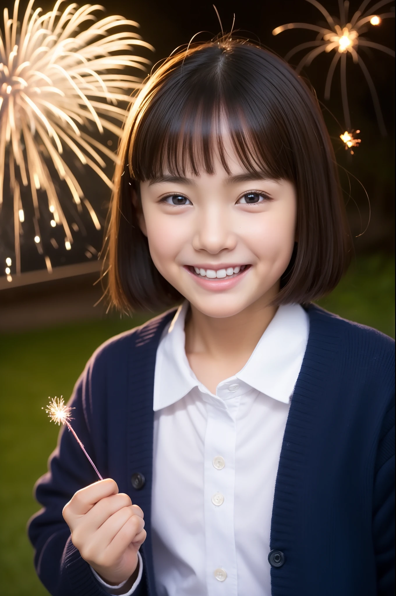 A smile、a baby face、hi-school girl、While doing fireworks