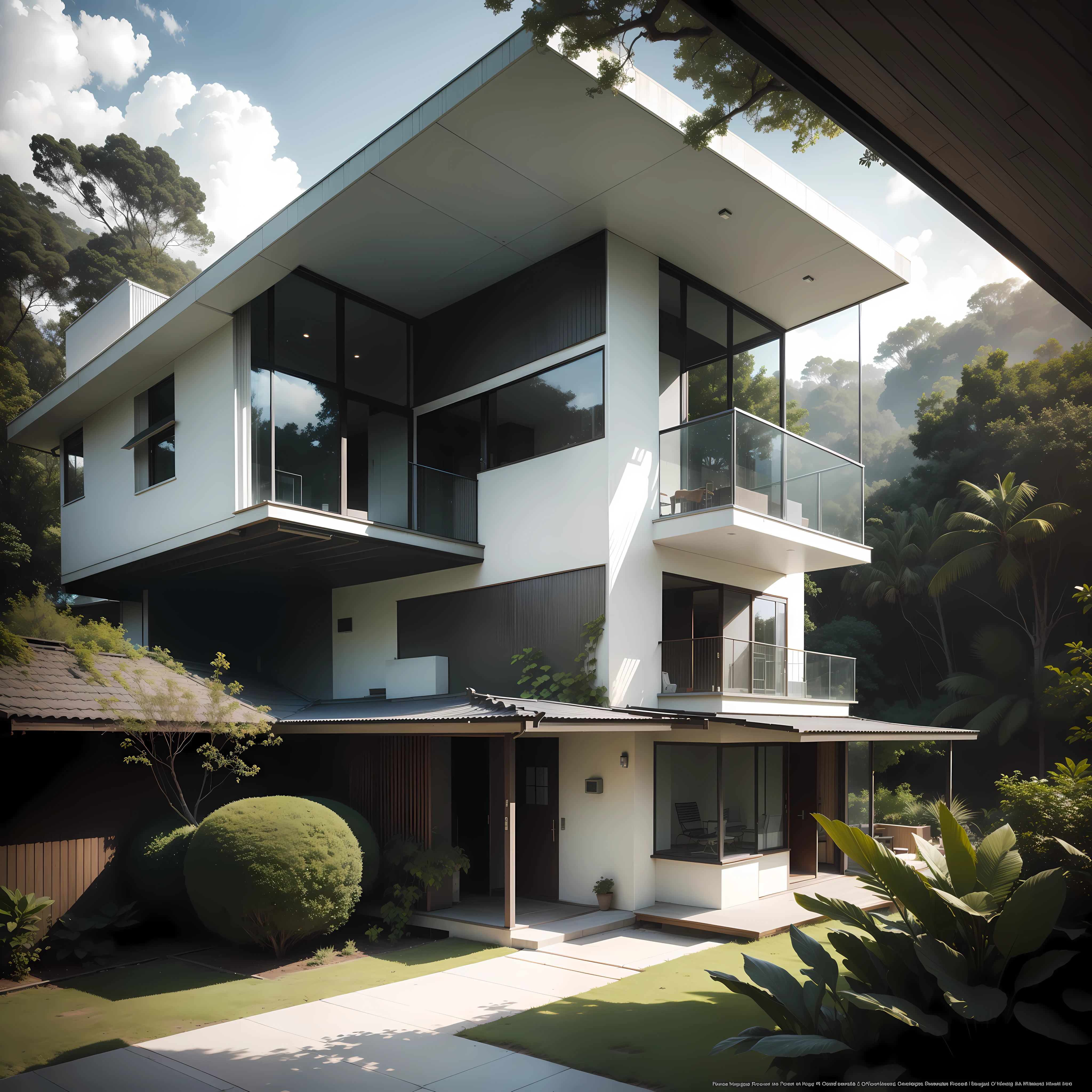 Hyper realistic eye level exterior photo of a futuristic style house overlooking the jungle, daylight, indirect lighting, AD magazine, Frank Lloyd, Eames, Mies van der Rohe
