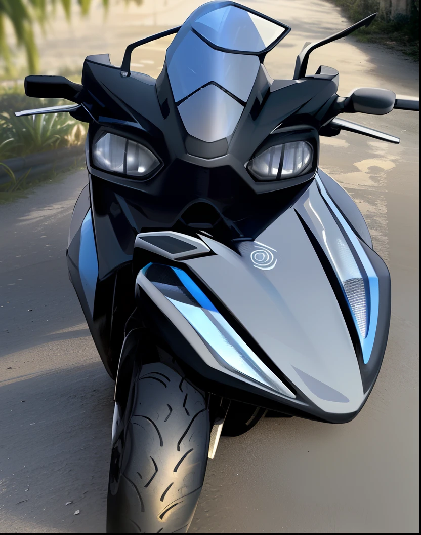 There is a motorcycle parked on the shoulder of the road, Foto de perfil frontal, perfil frontal, face frontal, Frente cheia, cromo e carbono, perfil frontal!!!!, Frente, flash frontal, Vista lateral superior frontal, Iluminado frontal, corpo de metal cinza, tiro frontal, skin reflective metallic, perspectiva frontal, vista frontal, para-brisa preto transparente, virado para a frente, imagem frontal, recriar a foto, fundo por do sol desfocado, tamanho da imagem 1200x800 pixels, realista e futurista