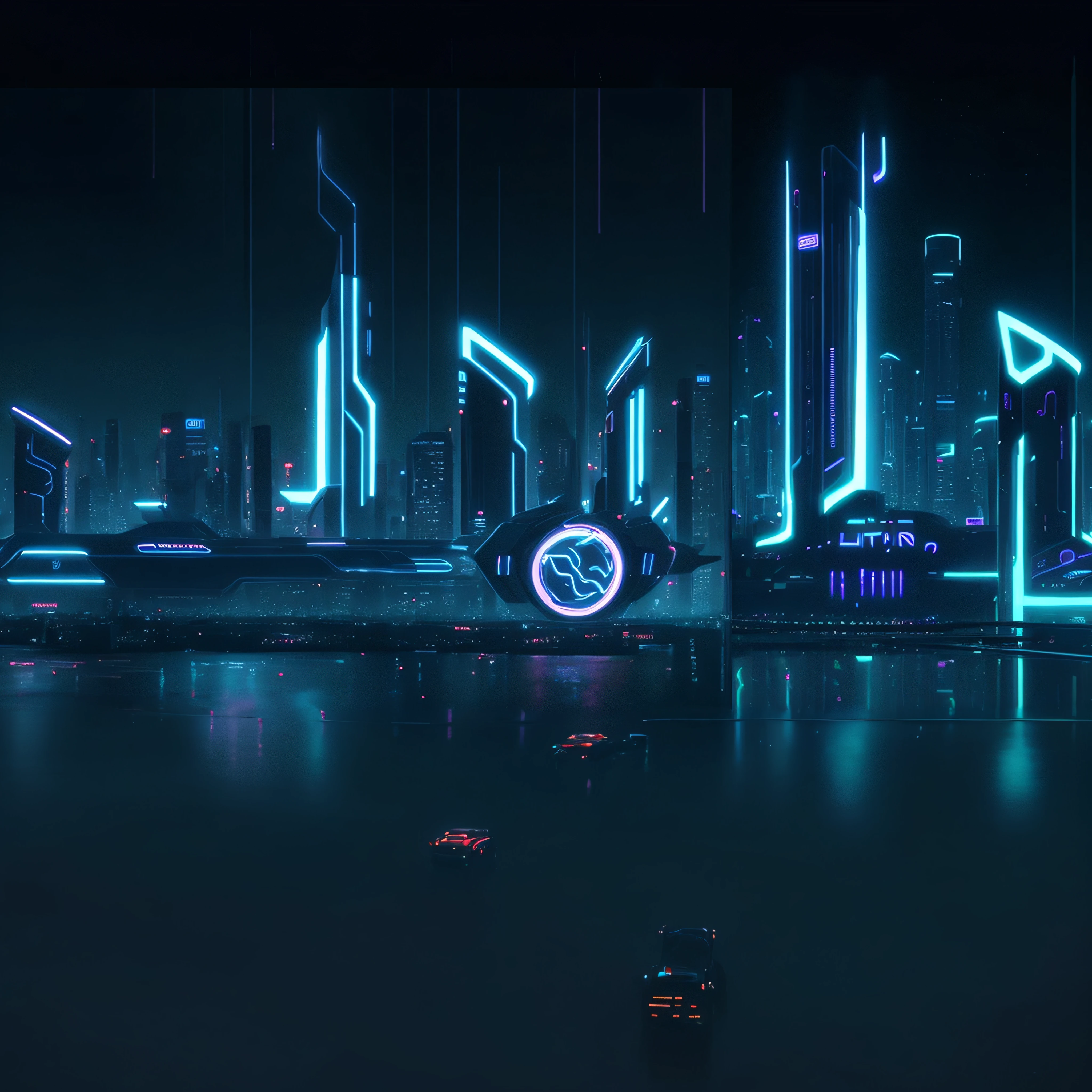 Futuristic city with neon lights and a futuristic car in the foreground, Neon City in the background, Backdrop of the futuristic city, Antecedentes cyberpunk, cinematic neon matte painting, en Cyberpunk City, Ambiente cyberpunk, Cyberpunk neon lights, Cybernetic neon lights, dark cyberpunk neon atmosphere, Futuristic cyberpunk neon, Estilo de arte cyberpunk, Estilo de arte futurista, Neon megacity in the background, Paisaje urbano futurista