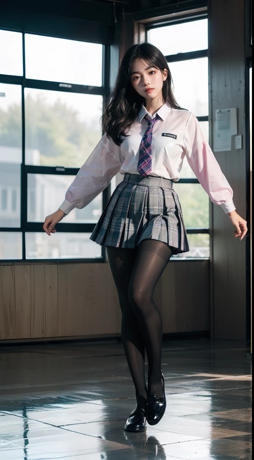 (full body:1.5),(looking at viewer:1.4),(anatomy correct:1.3),(In the paradise of the day:1.3),(Wearing Very thick Pantyhose and JK student uniform plaid pleated skirt and JK uniform leather shoes :1.3), (A high jump posture:1.3),(In pink|amarelo|blue colors|green color|red colour|white colors|black in color|purpleish color|greys|Beige|Flesh color 1.4),,(Accurate and perfect face:1.4),(Clothing Gloss:1.25),(Skin reflection:1.25),hyper HD, Ray traching, reflective light,structurally correct, Award-Awarded, high detal, lightand shade contrast, Face lighting,cinmatic lighting, tmasterpiece, super detailing, high high quality, high detal, best qualityer, 16k,high contrast,