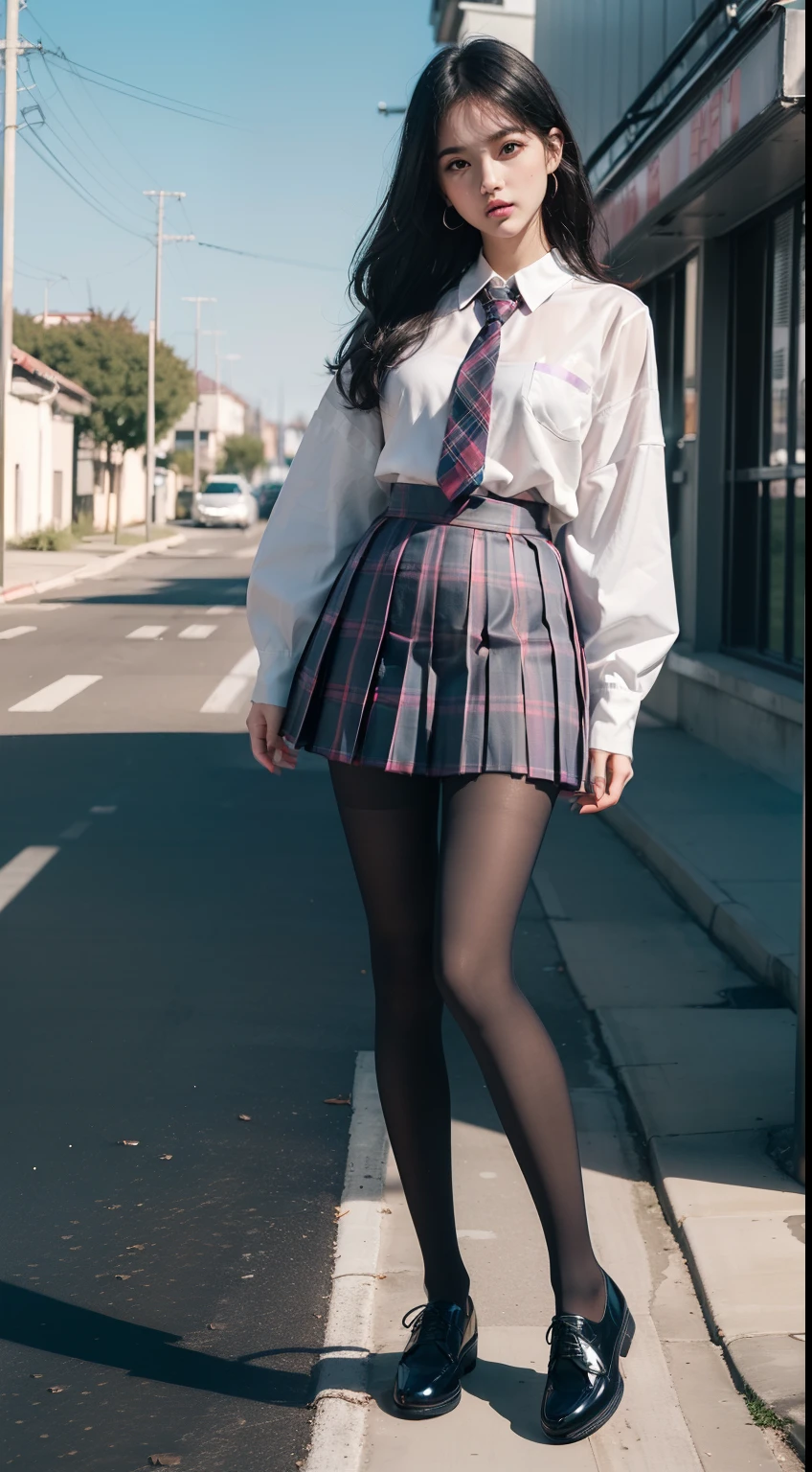 (full body:1.5)，(looking at viewer:1.4)，(anatomy correct:1.3)，(In the paradise of the day:1.3),(Wearing Very thick Pantyhose and JK student uniform plaid pleated skirt and JK uniform leather shoes :1.3), (A high jump posture:1.3),(In pink|amarelo|blue colors|green color|red colour|white colors|black in color|purpleish color|greys|Beige|Flesh color 1.4)，,(Accurate and perfect face:1.4),(Clothing Gloss:1.25),(Skin reflection:1.25),hyper HD, Ray traching, reflective light，structurally correct, Award-Awarded, high detal, lightand shade contrast, Face lighting，cinmatic lighting, tmasterpiece, super detailing, high high quality, high detal, best qualityer, 16k，high contrast,