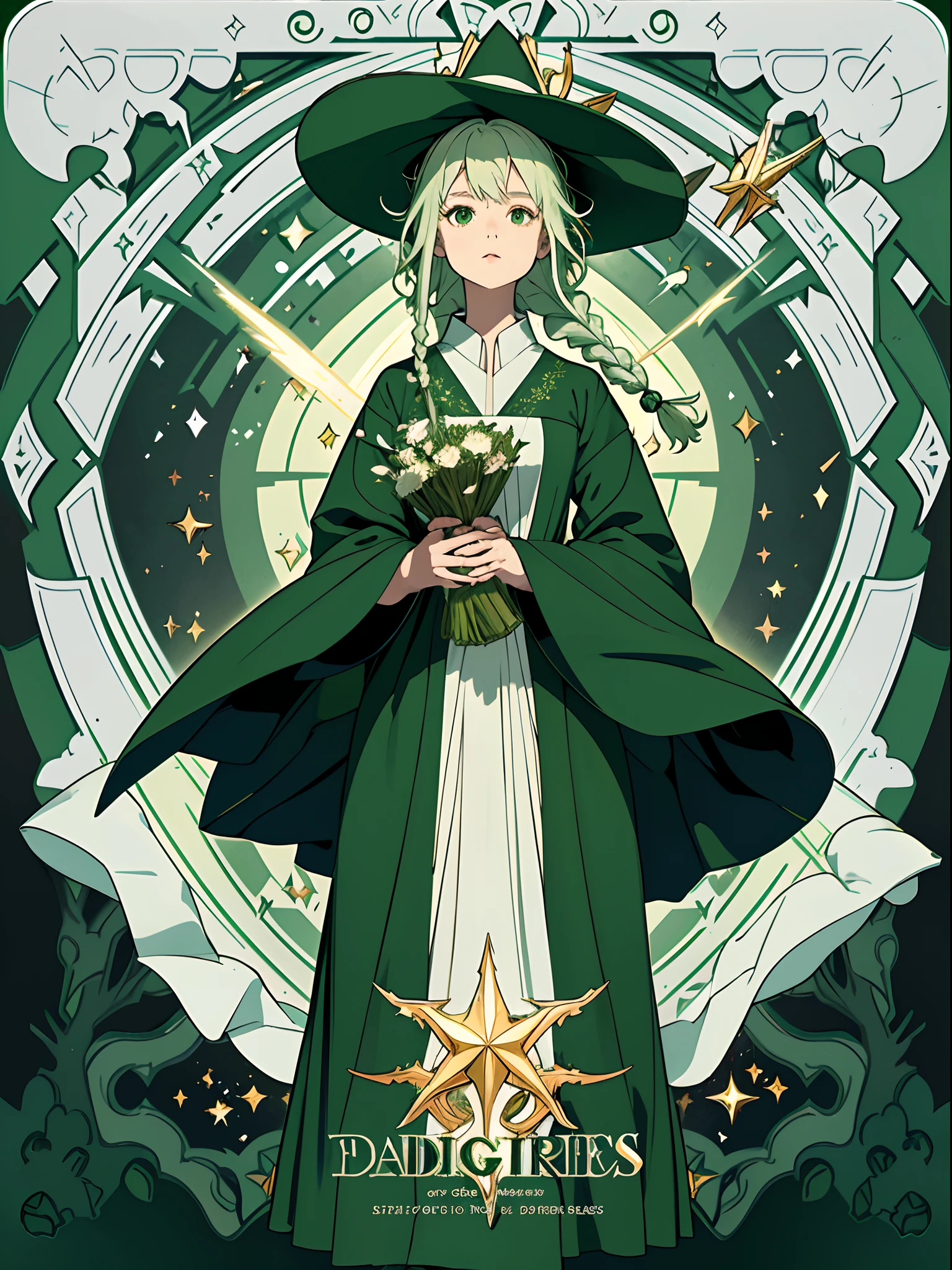 1girl in,10yaers old, masterpiece, top-quality, 8K, detailed skin textures, Detailed Cloth Texture, beautifull detailed face, intricate detailes, ultra-detailliert, The upper part of the body、Simple green witch robe and big green shirt,Cute girl with simple green witch big hat and braid , Green dressing gown, Split lips, light Particle, forest, Intense sunlight,Effect of twinkling aerial light,Oversized shirt、
