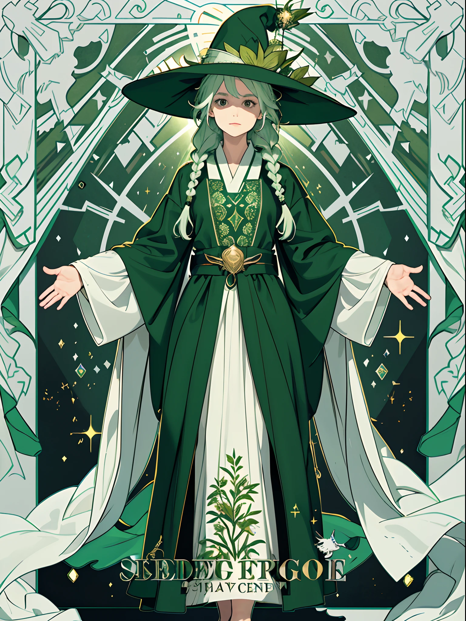 1girl in,10yaers old, masterpiece, top-quality, 8K, detailed skin textures, Detailed Cloth Texture, beautifull detailed face, intricate detailes, ultra-detailliert, The upper part of the body、Simple green witch robe and big green shirt,Cute girl with simple green witch big hat and braid , Green dressing gown, Split lips, light Particle, forest, Intense sunlight,Effect of twinkling aerial light,Oversized shirt、