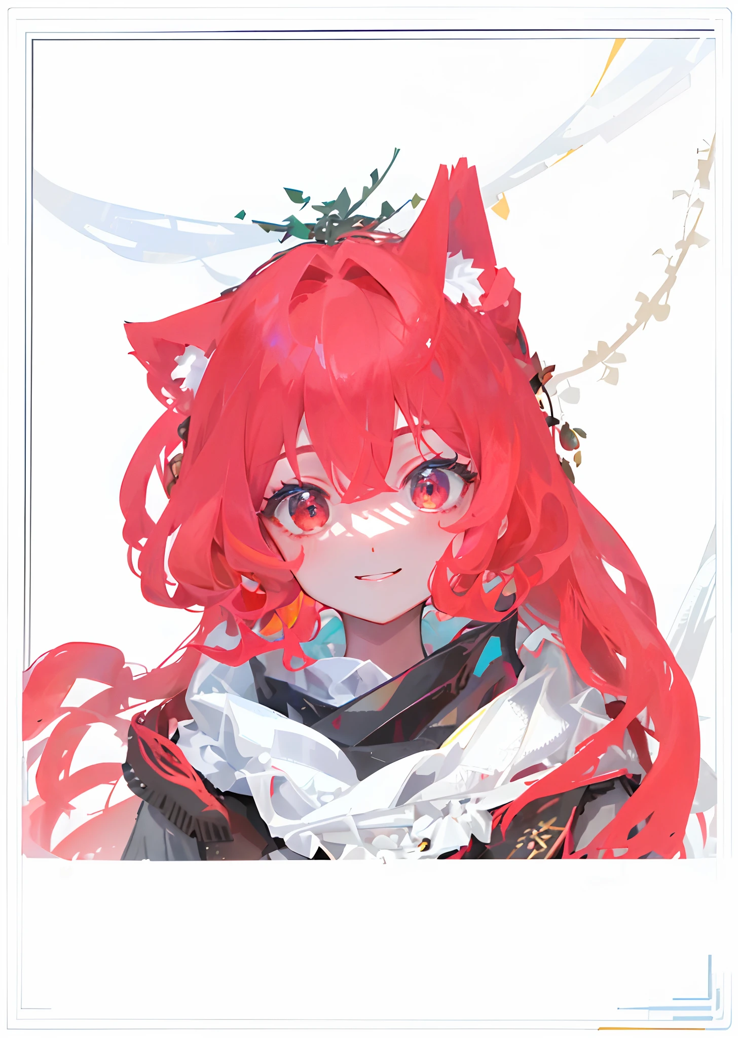 an Quority（（（Red long-haired））），（（（red color eyes））），（（（There are red wolf ears on the top of the head）））of maidens，looking at viewert，Smile dangerously
