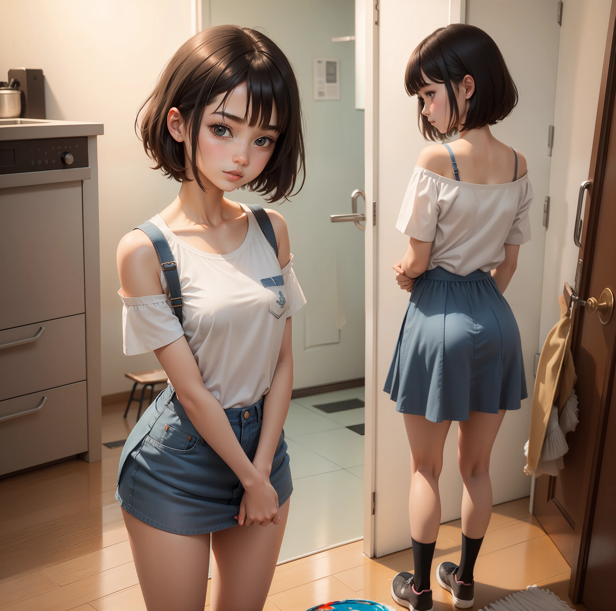 female high-school student，Two-dimensional painting style，student clothes，Mopping the floor at home，Short hair and shoulder length，adolable，Small chest，Height 155cm