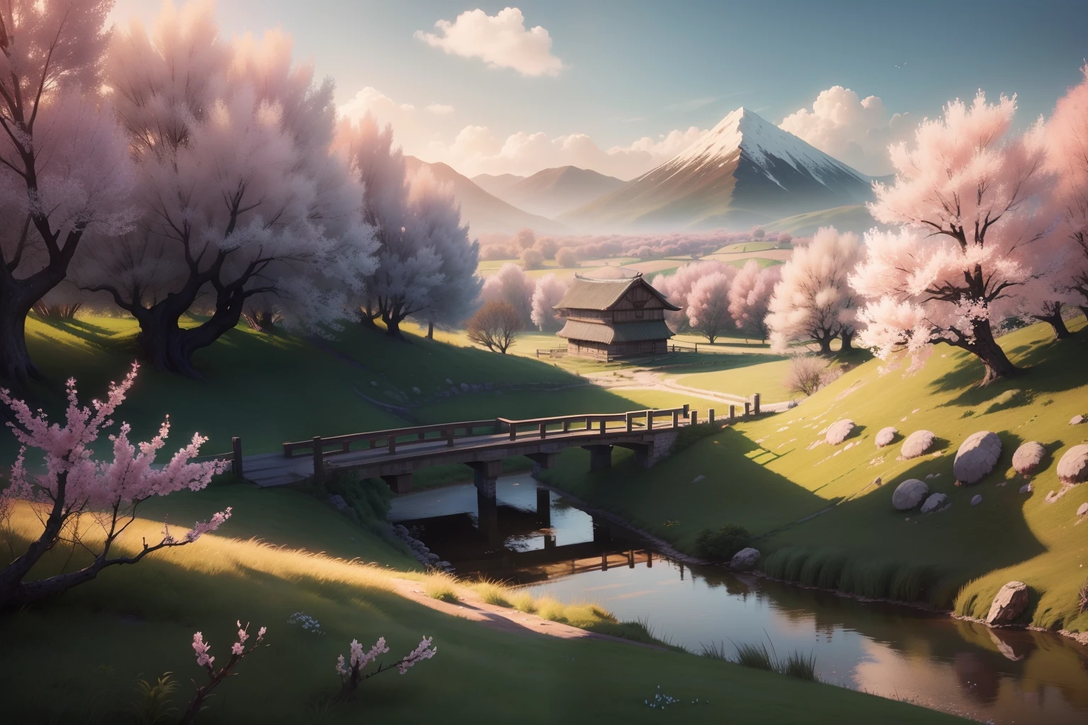 Cinematic lighting，In the background are patches of peach blossom trees, wood bridges，Several small huts scattered，grassy fields，（pastel colour：1.2）