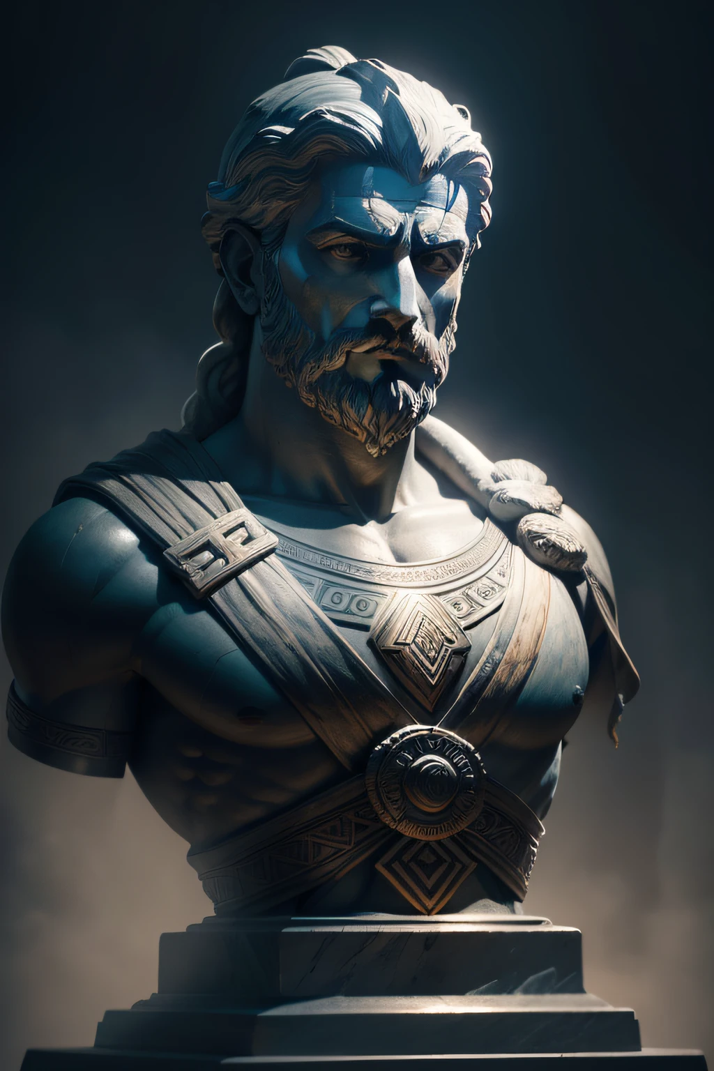 Illustrate a mesmerizing 8K scene portraying a revered Greek thinker from the 3rd century BC, honored as a statue and set against an ambiance reminiscent of 'God of War'. Place the statue in an environment of brooding darkness, using masterful lighting and shadows to craft an image that evokes the weight of historical legacy.
