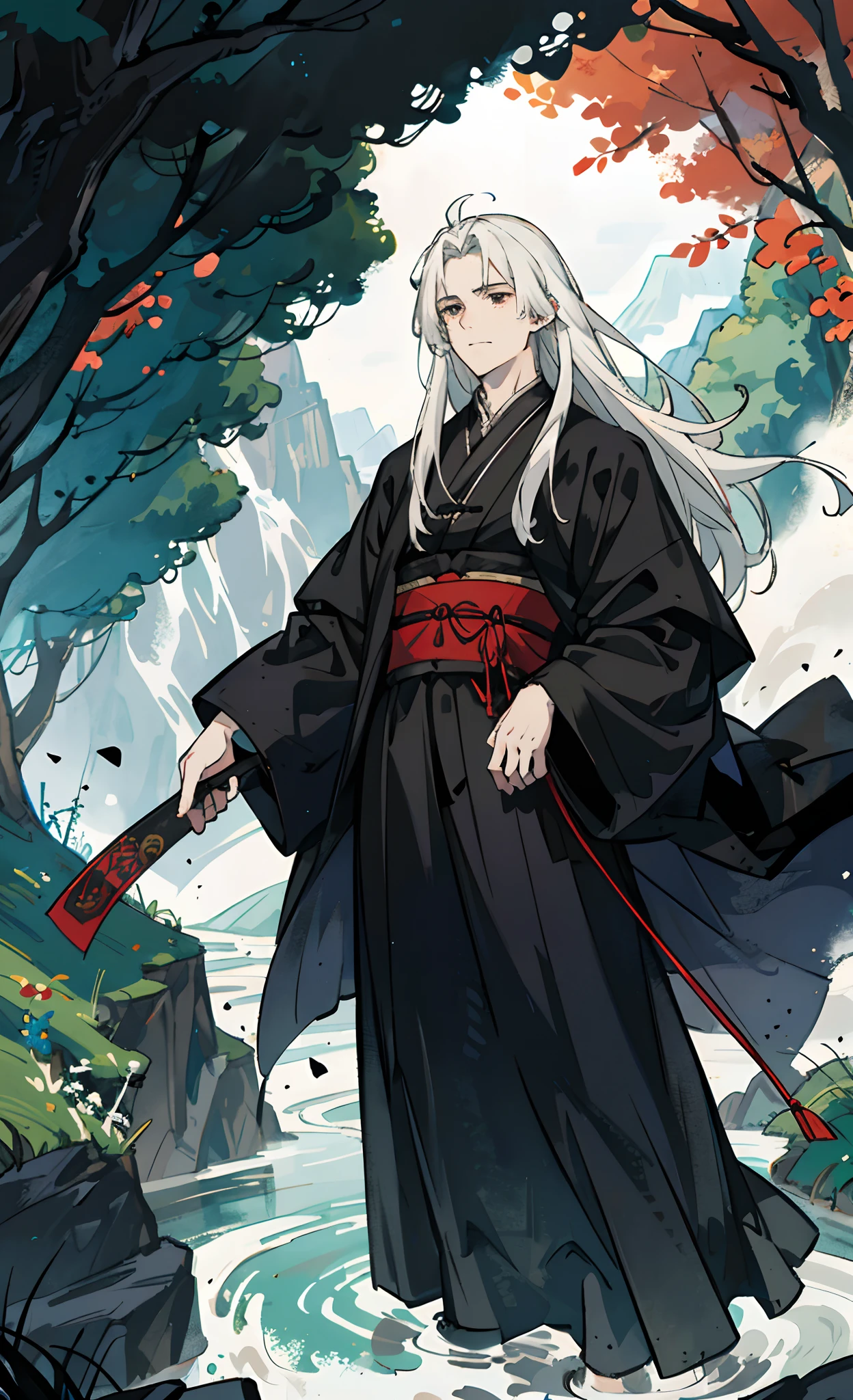 Anime, masterpiece, man, a boy, teenager, white hair, long hair, wearing black robes, breeze, trees, streams, Qingyunzong palace, mountain road, the overall appearance is dark