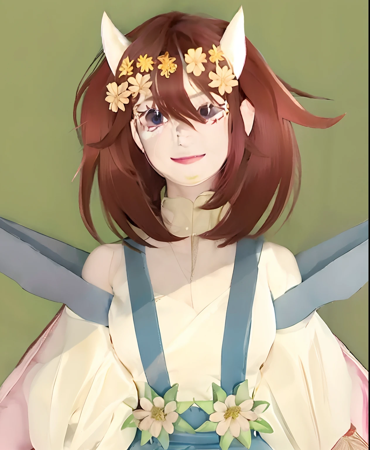 anime girl with horns and flowers in her hair, sayori, inspired by Kamisaka Sekka, demon slayer rui fanart, made with anime painter studio, smiling as a queen of fairies, painted in anime painter studio, by Kamisaka Sekka, portrait!!! mononoke-hime style, [[[[grinning evily]]]]