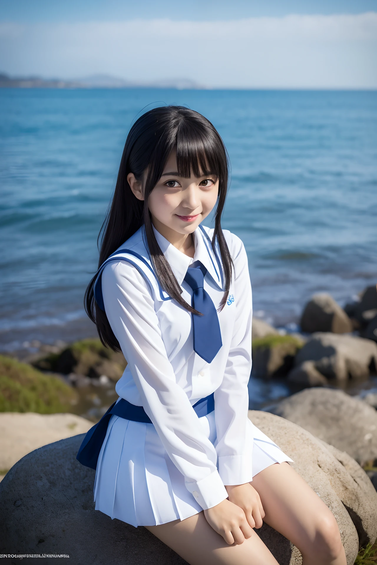 Arafed Asian girl sitting on a rock at the water's edge, camisa solta colar marinheiro uniforme, Uniforme de marinheiro, Anime Garota Cosplay, kantai collection style, Uniforme escolar da japonesa, Japanese school uniform, Seifuku, wearing japanese school uniform, Menina na vida real, Anime Menina Taila menina bonita do aigh school, Iwakura Lain