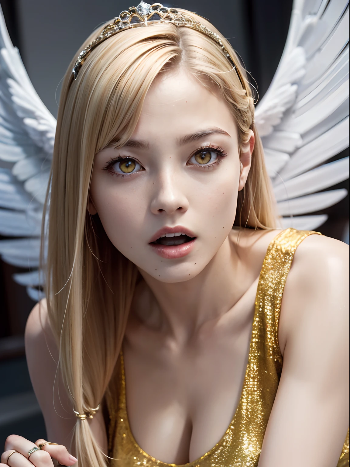 Ultra-detailed complex 3D rendering of the face, (Colossal: 8.8), (masterpiece, top quality, octane rendering, 8K), glamour shot full body image, cleavage, (highly detailed skin: 1.2), (exposure: 1.1), (blonde), (wearing a plummet tank top of gold silk: 1.5)), blonde hair, beautiful Caucasian woman with full soft breasts and white skin, one with big ass, long braided hair, big breasts, dynamic angle, mystical expression, ultra-realistic photography, (((((portrait))), bare feet, futuristic city background, facial muscles, detailed and beautiful queen tiara, in the style of Marvel Comics, clear focus, studio photography, intricate details, highly detailed, detailed yellow eyes, sharp focus, digital rendering, professional, abs, ((((sexy pose))), natural jungle, open mouth lightly, mansle, open crotch, seductive look, angel ring, detailed angel wings, angel ring, detailed mouth inside,