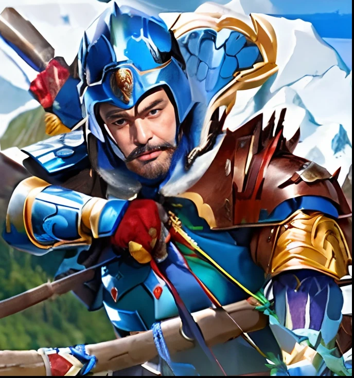 Bearded man in blue armor with three bows、Mountain scenery