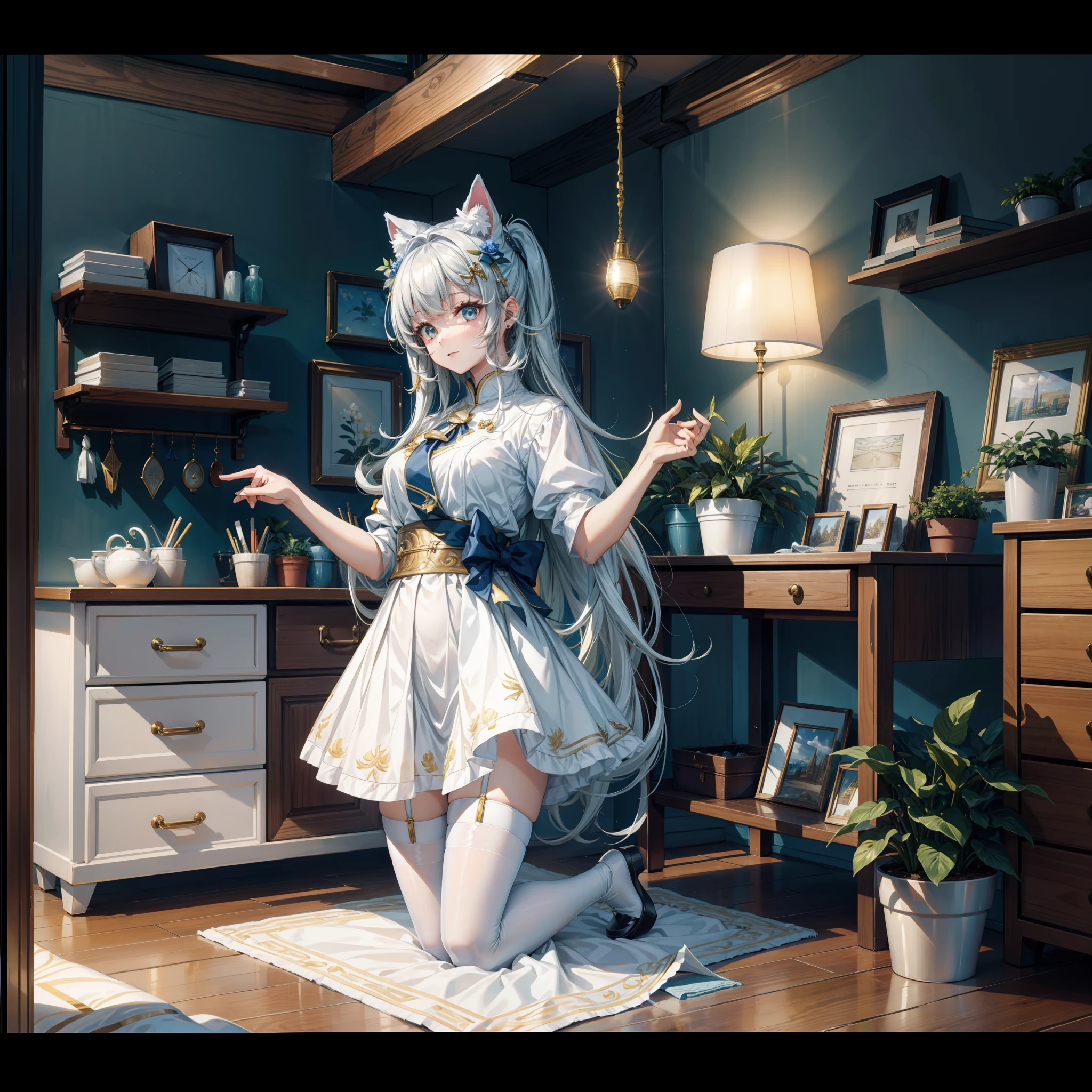（8K，best qualtiy，tmasterpiece：1.2），（realisticlying，realisticlying：1.2），ultra - detailed，best qualtiy，超高分辨率，profesional lighting，photon maping，Radio City，physically-based renderingt，maidennurse，Wallpapers，Ray traching，（janelas：1.8），rays of sunshine：2.0，（There is a gold pattern on the skirt），（white stockings：1.2）（（Kneeling pose））There are potted plants under the window，Factory with modern furniture，（White stockings have texture 1 on them.5），（Bring your legs together），beast ear，white  skirt，（（（With one little cat，There was a big bed，The person kneels on the bed：2.8）））