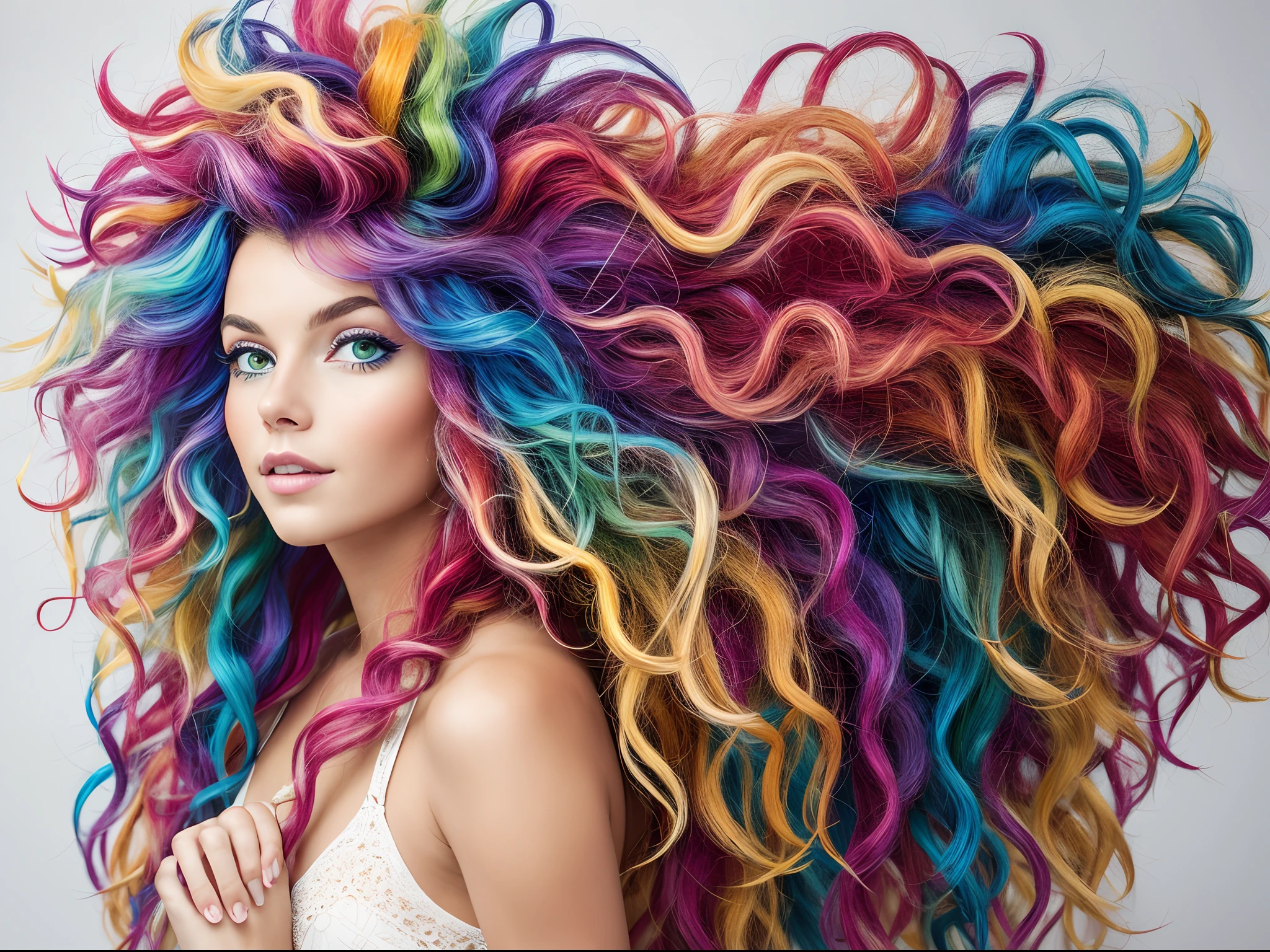 best quality, masterpiece, girl with really wild hair, mane, multicolored hair