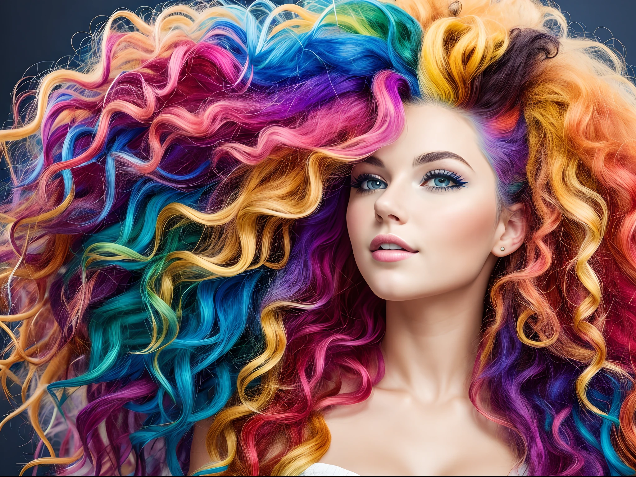 best quality, masterpiece, girl with really wild hair, mane, multicolored hair