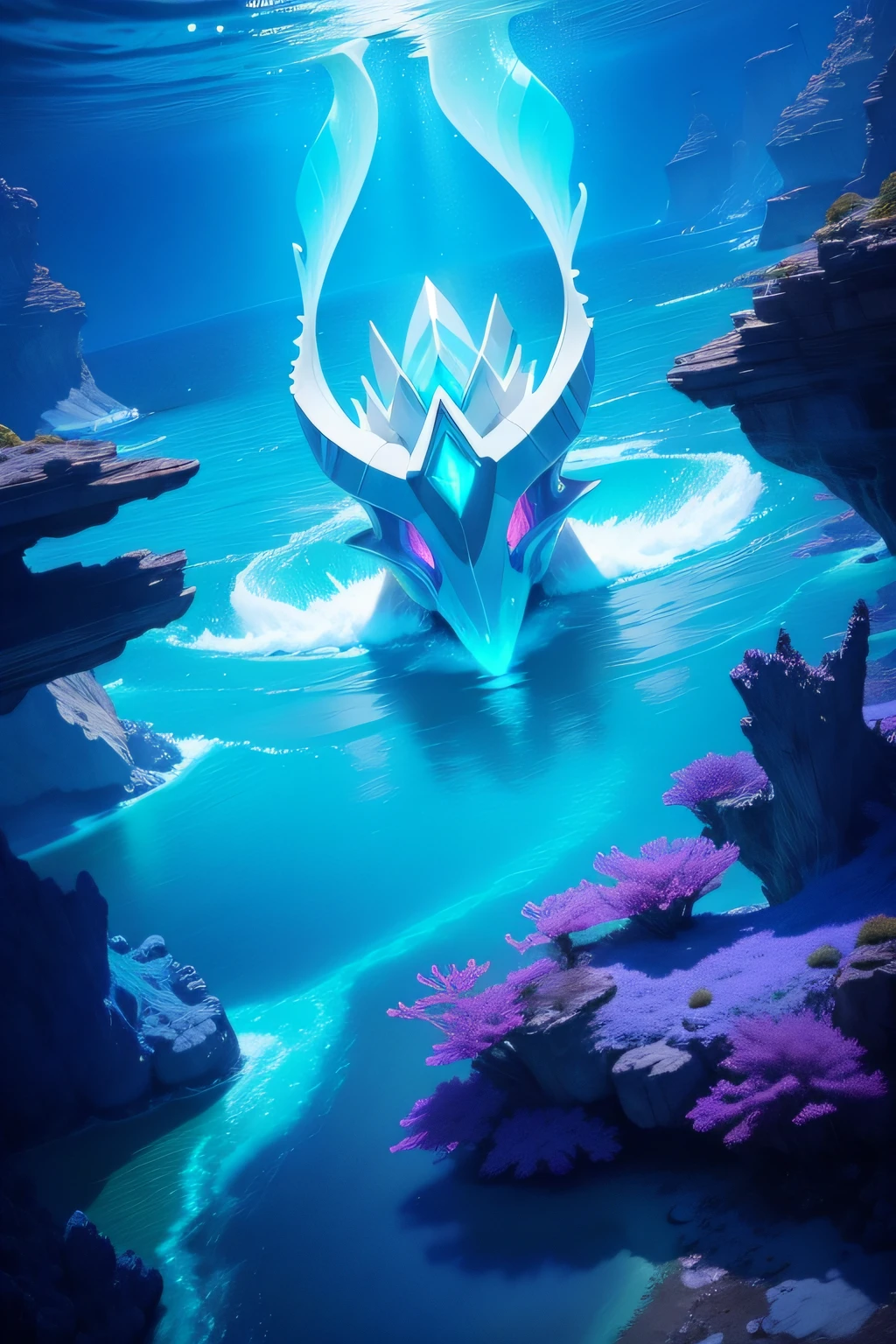 Imagine a legendary Pokémon emerging from the intertwined oceans, with a mysterious glow that illuminates the dark waters around him. Its colors are intense and vibrant, com tonalidades de azul profundo e verde-mar brilhante. Its body is adorned with iridescent shells and shimmering reflections, enquanto ondas de energia azulada fluem ao seu redor, Leaving luminous trails in the water. their presence is imposing, combining the majesty of the sea and the strength of the land. The frame of the letter would be a harmonious blend of aquatic and terrestrial elements. A parte superior da moldura teria um design fluido, representando ondas do mar em tons de azul profundo e esverdeado, com detalhes de espuma branca. The outline of the frame would have the appearance of corals and shells, adicionando um toque de textura e brilho.