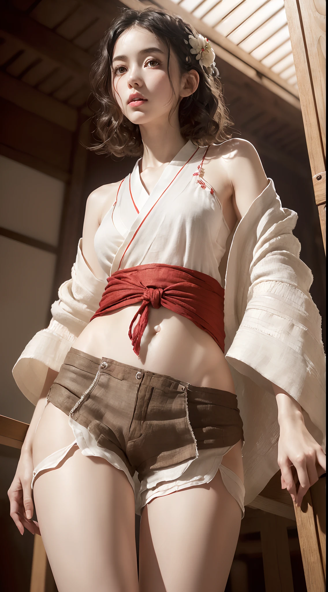 photorealistic, stripping clothes, (shot from below:1.2), (intricate details, exaggerated details, ultra high details), self-portrait, (1girl, beautiful, delicate face, innocent, pale skin), ((short white wavy hair):1.2), ((modern kimono, linen red shorts with (side slits)):1.2), small waist, ((wide thigh gap, wide thighs):1.2), (masterpiece)