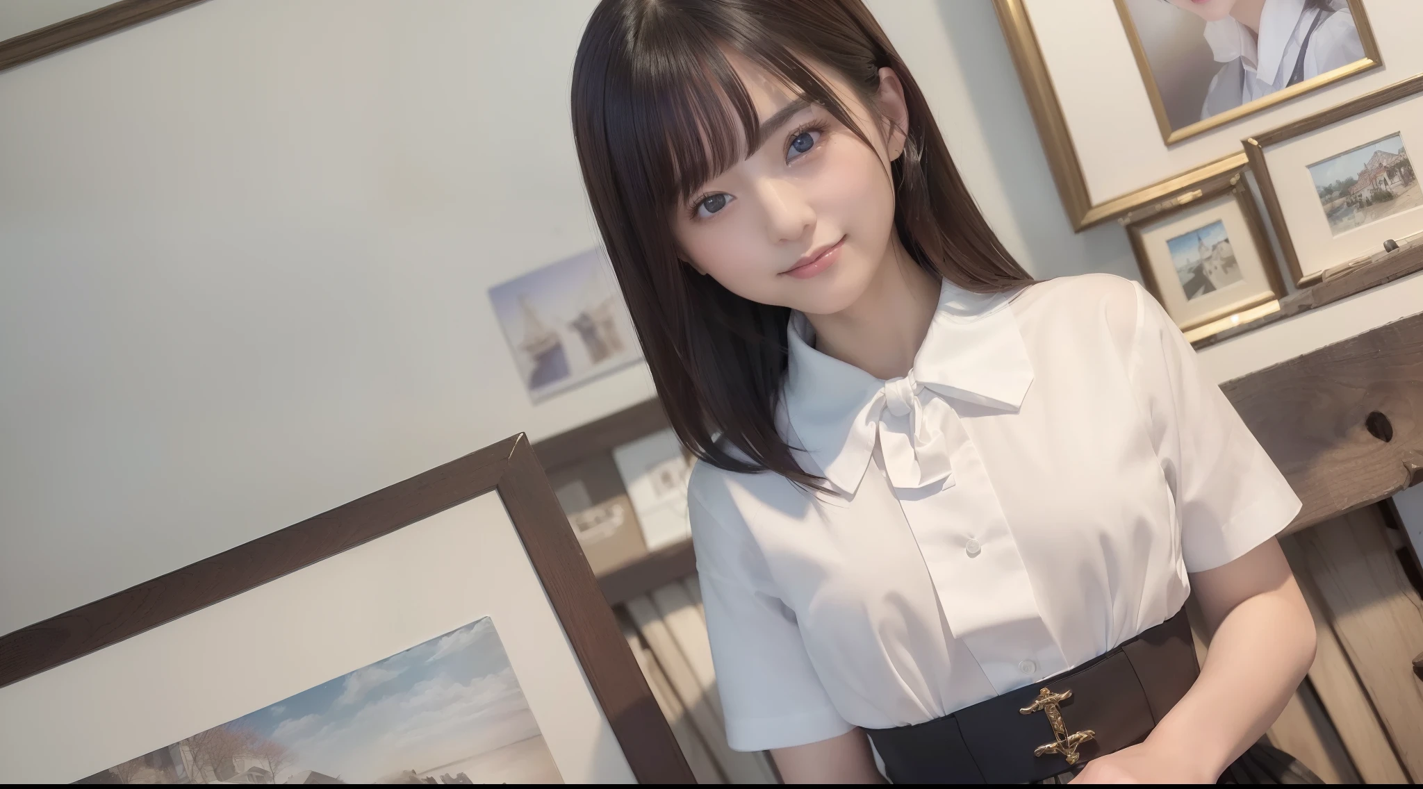 (8K、top-quality、masterpiece:1.2)、(realisitic、Photorealsitic:1.37)、ultra-detailliert、1womanl、 20yr old、独奏、((Beautiful ribbons))、(((A dark-haired)))、(A smile:1.15)、beautiful finely detailed eyes、(shirt with collar:1.1)、business clothes、(short-hair:1.2)、 (((Art Room)))、 picture frame