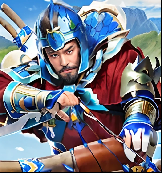 Bearded man in blue armor with three bows、Mountain scenery