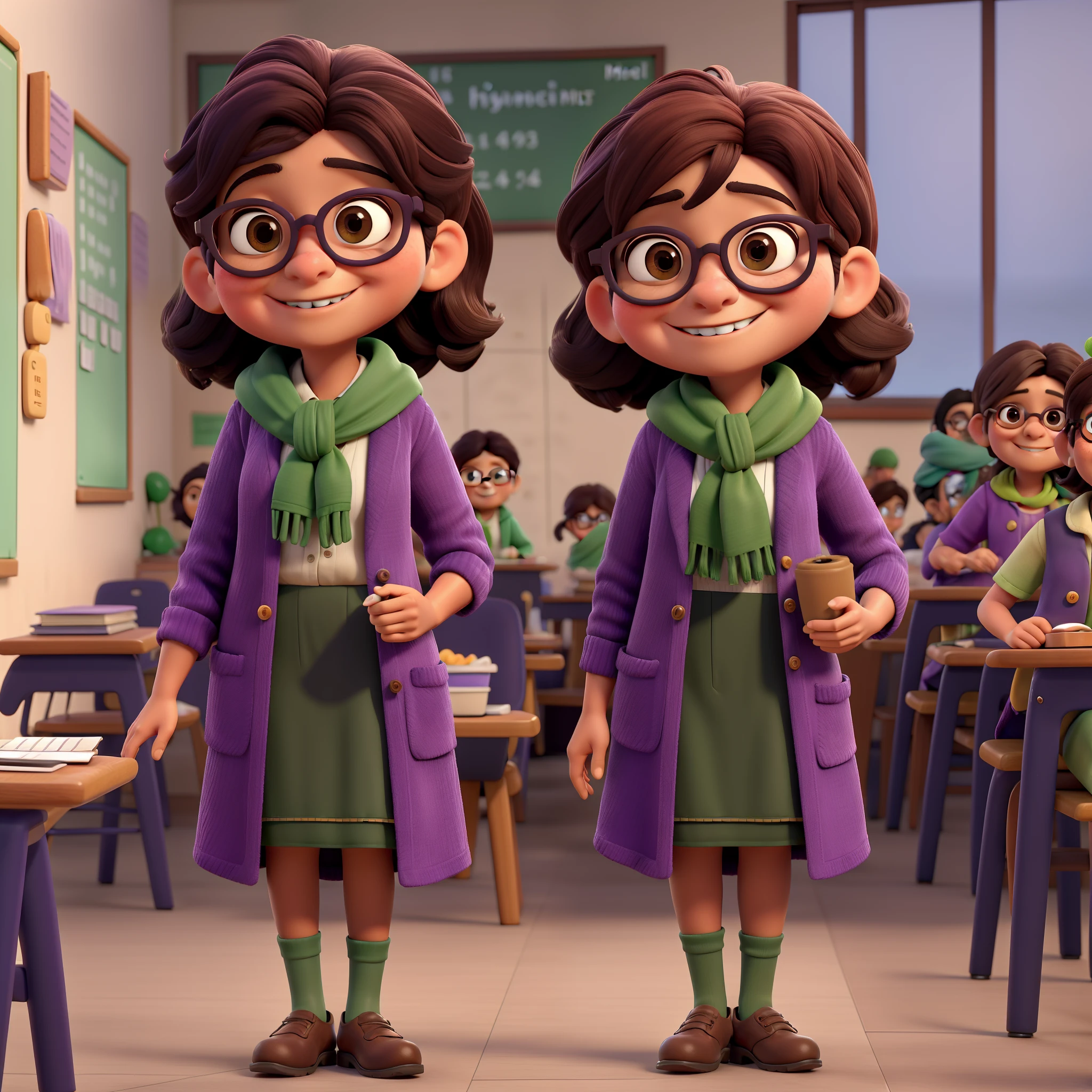 close-up de uma menina morena:2 em.......3d, coffee-colored skin:2, with a microphone in your hands, Chibi Digita | ,obra-prima, de melhor qualidade, an elderly woman with glasses , a girl going to school wearing a purple coat and green scarf, standing in class