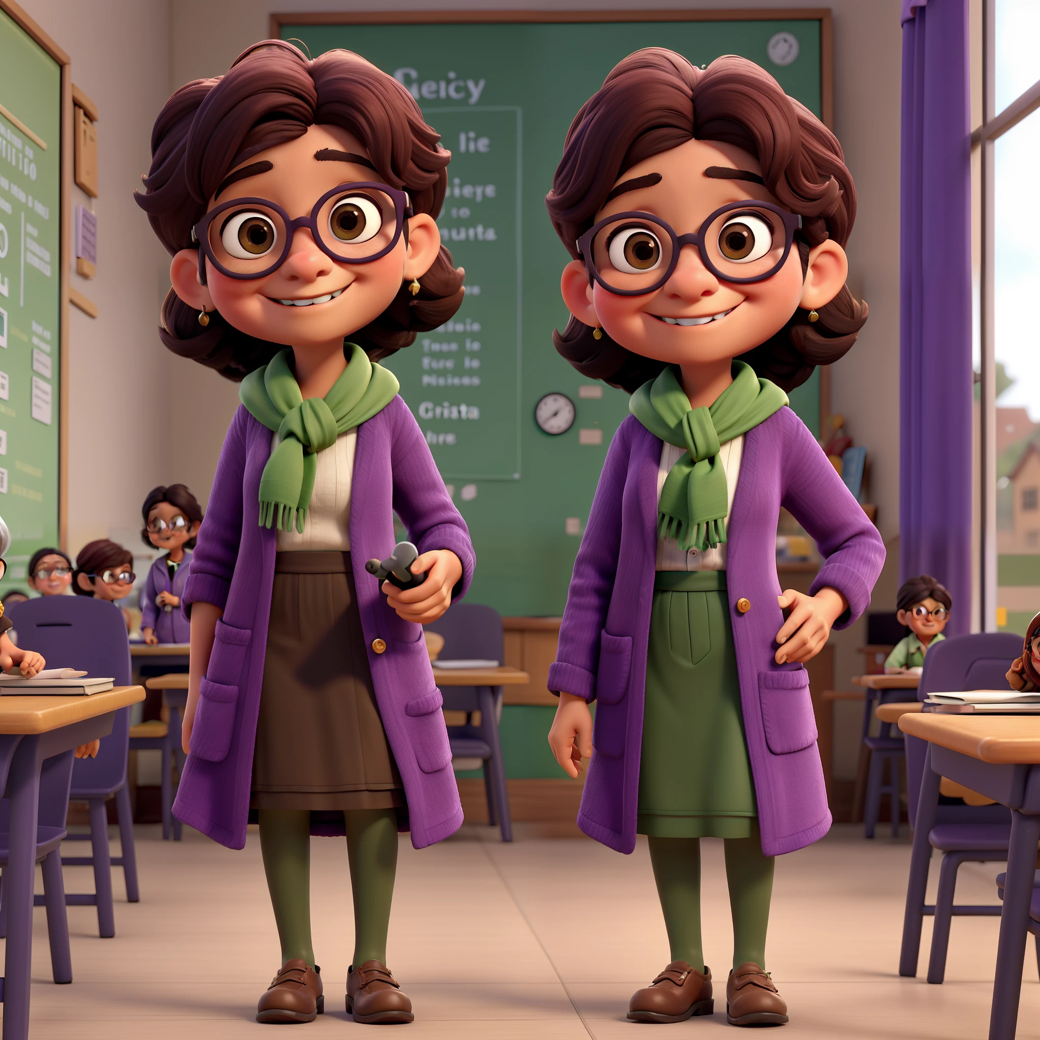 close-up de uma menina morena:2 em.......3d, coffee-colored skin:2, with a microphone in your hands, Chibi Digita | ,obra-prima, de melhor qualidade, an elderly woman with glasses , a small girl going to school wearing a purple coat and green scarf, standing in class