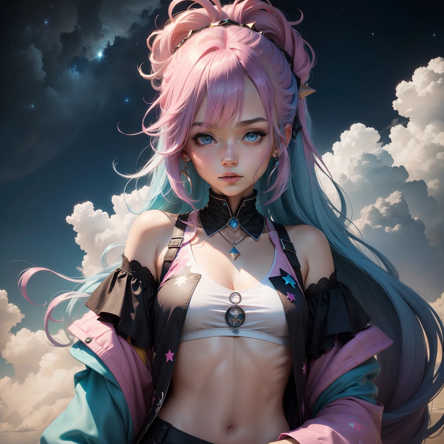 （tmasterpiece，top-quality，best qualityer，offcial art，Beauty and aesthetics：1.2），（1girl：1.3），（s fractal art：1.3），The upper part of the body，looking at viewert，patterned，（rainbow colour hair，The color hair，Half blue and half pink hair：1.2），Eau，liquids，​​clouds，colorful，Starry，As estrelas，Kizi，Black ponytail，Vest line，Crop topping，HighestQuali