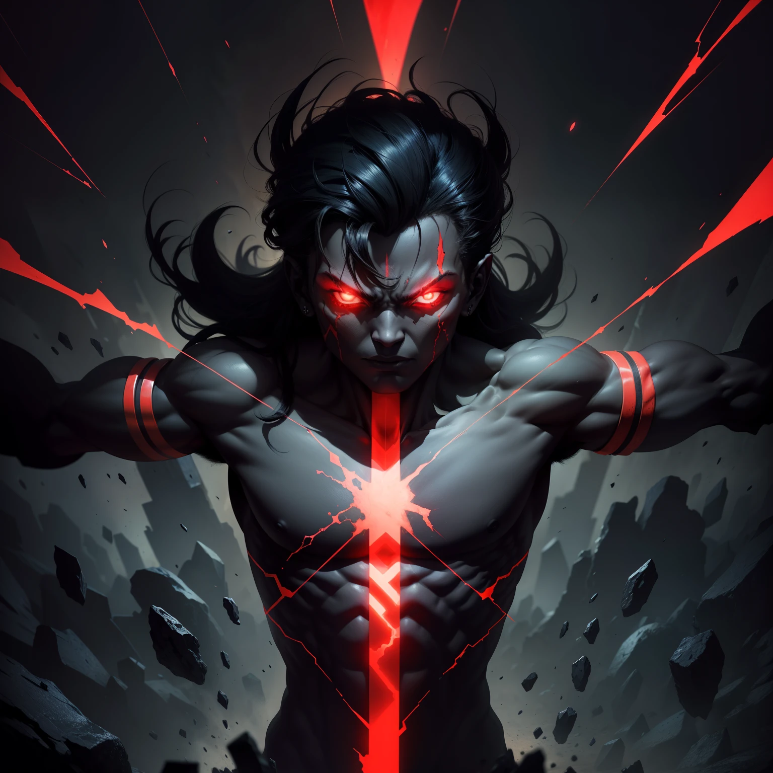 Dark humanoid with rocky and black arms with cracks energized with red energy. Fundo vermelho sangrento.