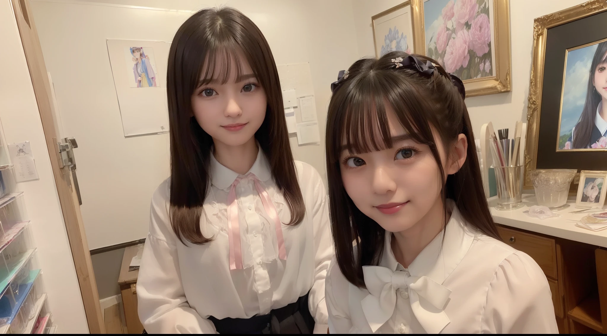 (8K、top-quality、masterpiece:1.2)、(realisitic、Photorealsitic:1.37)、ultra-detailliert、1womanl、 20yr old、独奏、((Beautiful ribbons))、(((A dark-haired)))、(A smile:1.15)、beautiful finely detailed eyes、(shirt with collar:1.1)、business clothes、(short-hair:1.2)、 (((Art Room)))、 picture frame