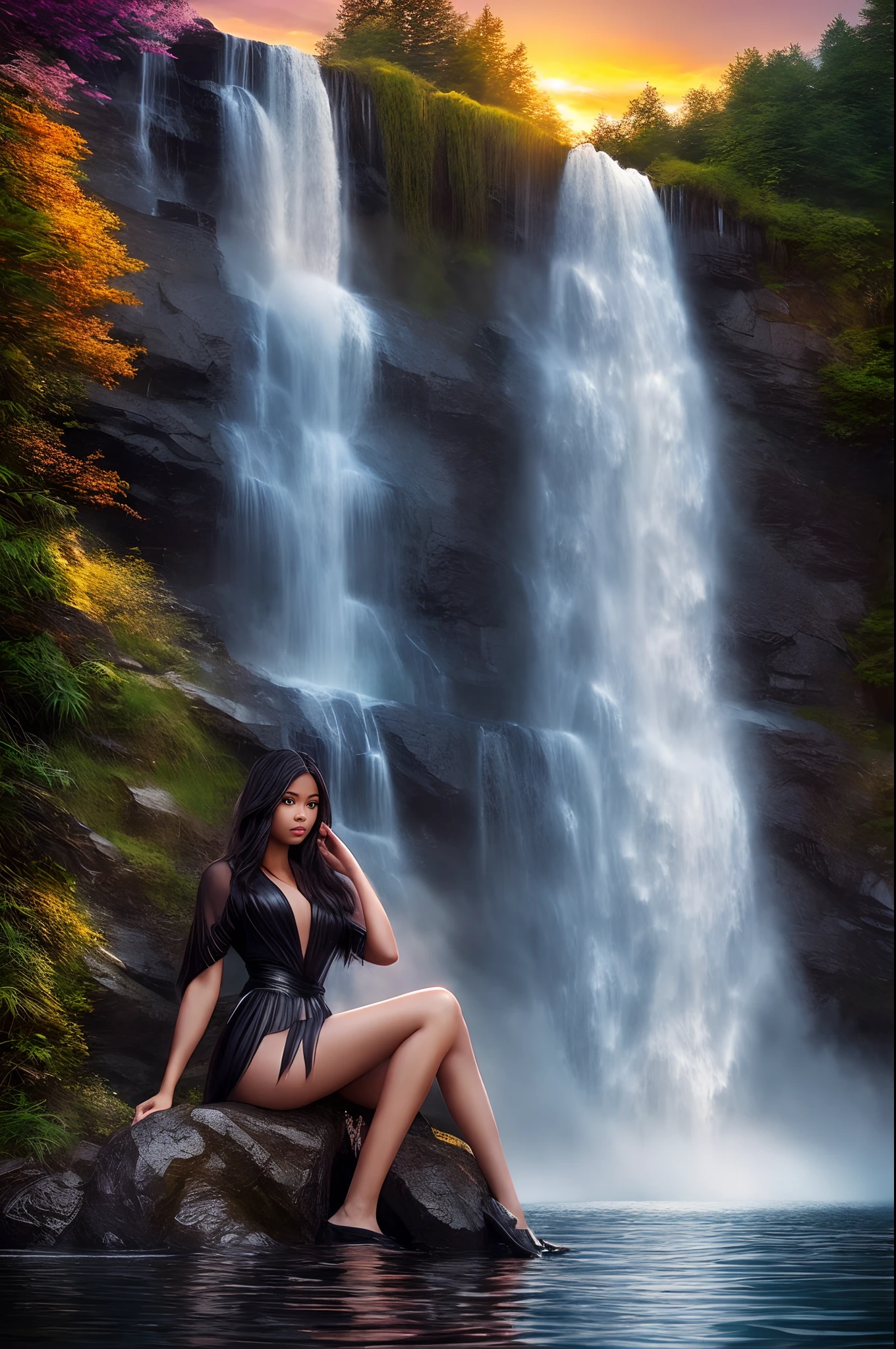 Portrait of a beautiful dark sking black Lady emerging from the lake in front of waterfall. Hyper realistic, intricate details, , sunset, fantasy, wlop, artgerm